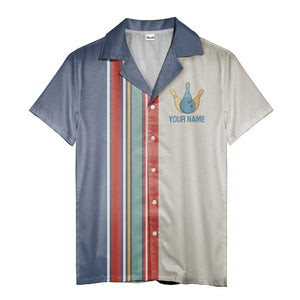 retro bowling team hawaiian shirt, vintage striped aloha button down shirt