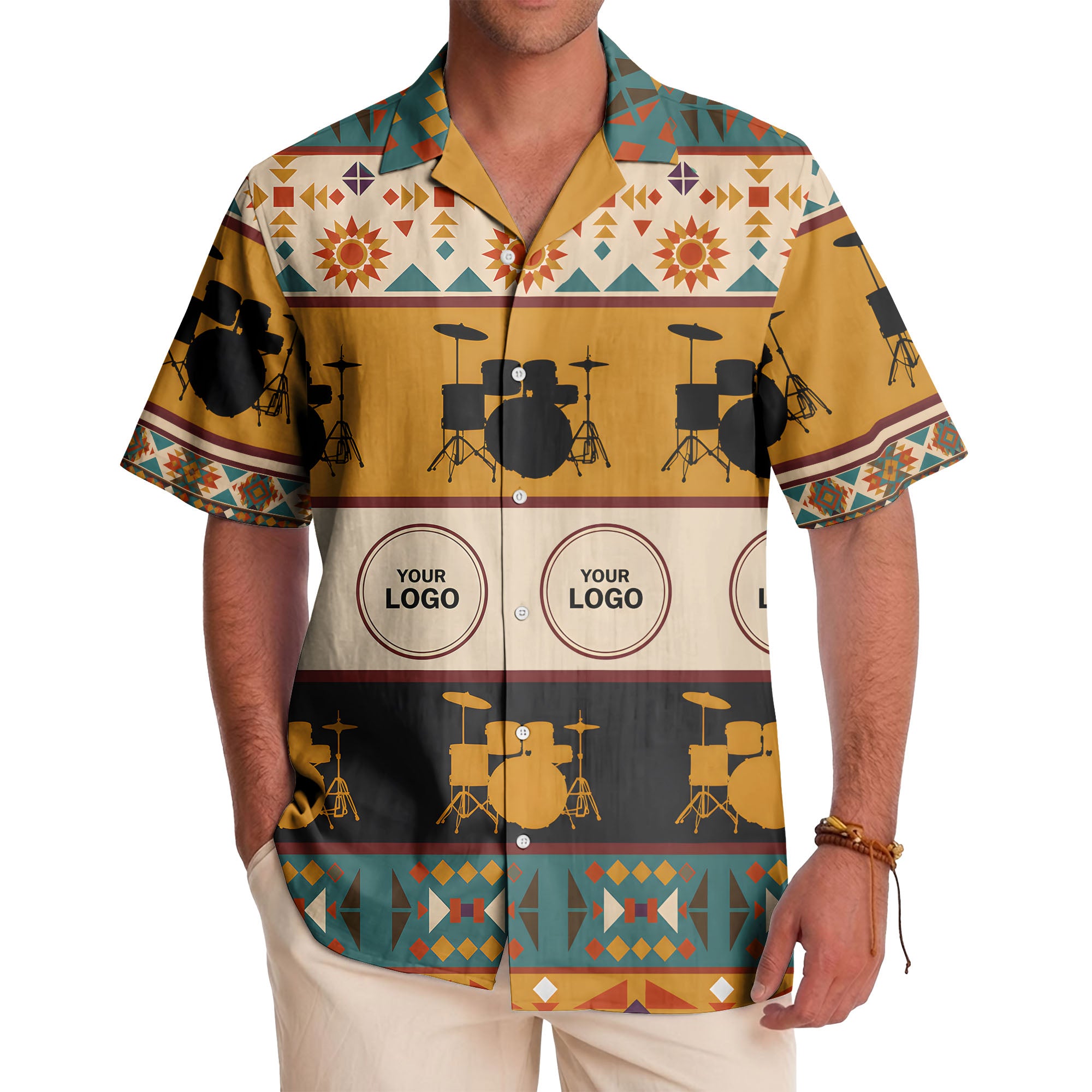 retro drum kits & sunburst geometric border hawaiian shirt