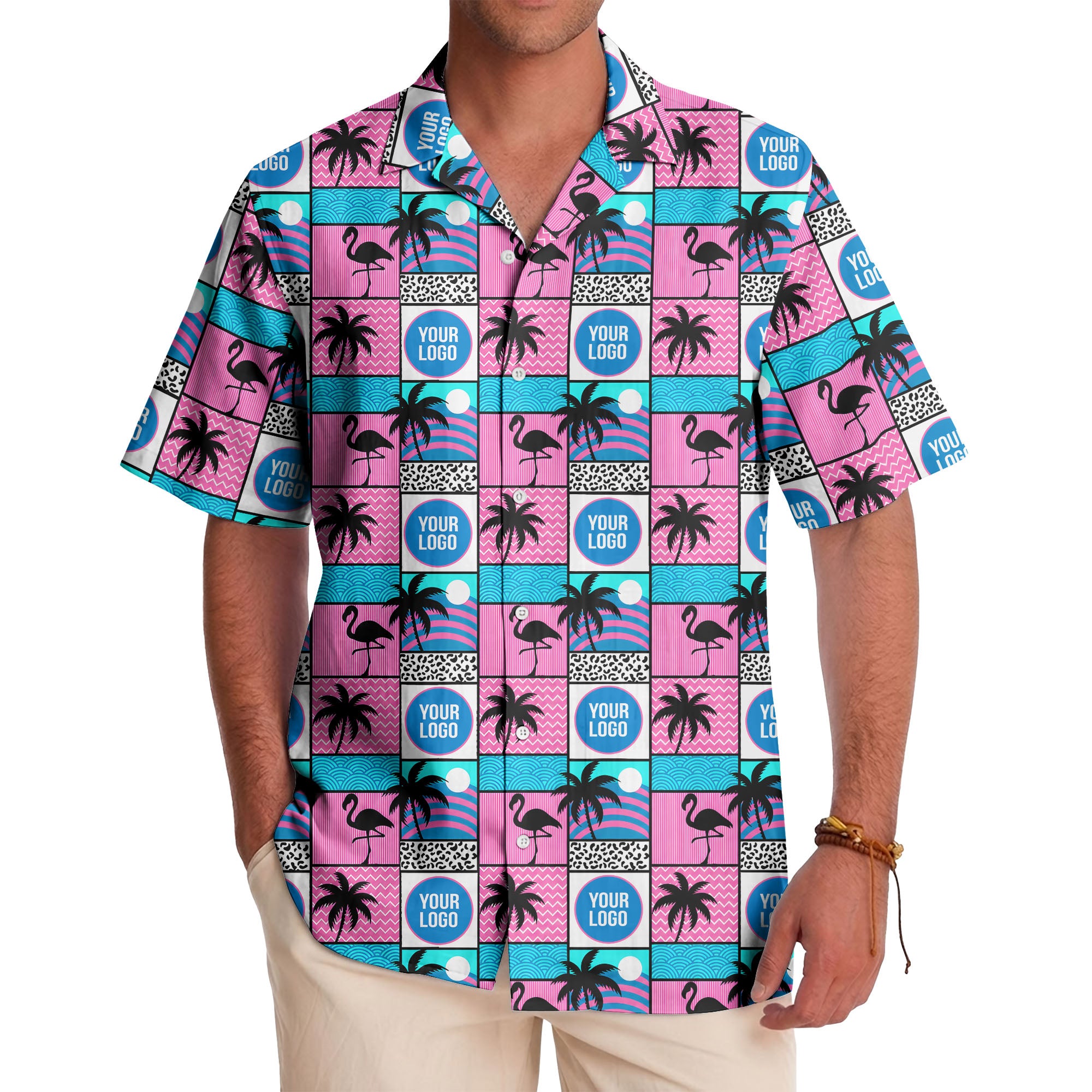 retro pink flamingos & palm trees 1980s hawaiian shirt