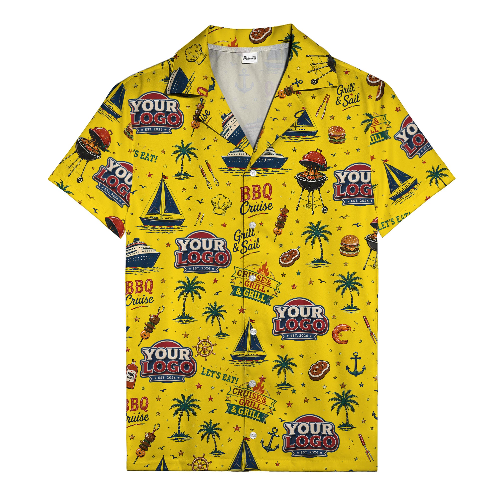 sailboats anchors ship wheels hamburger shrimp steak grill tools hawaiian shirt for men