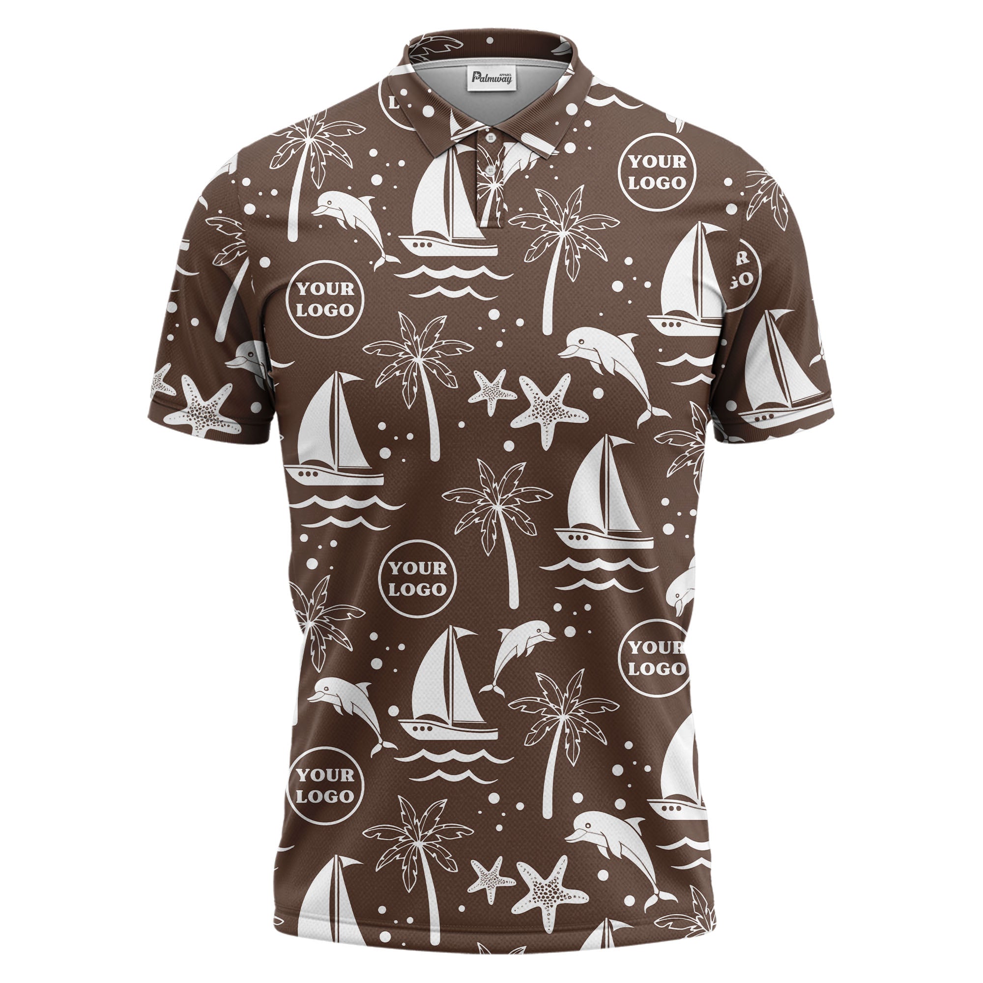 sailboats dolphins palm trees starfish repeat pattern black white polo shirt
