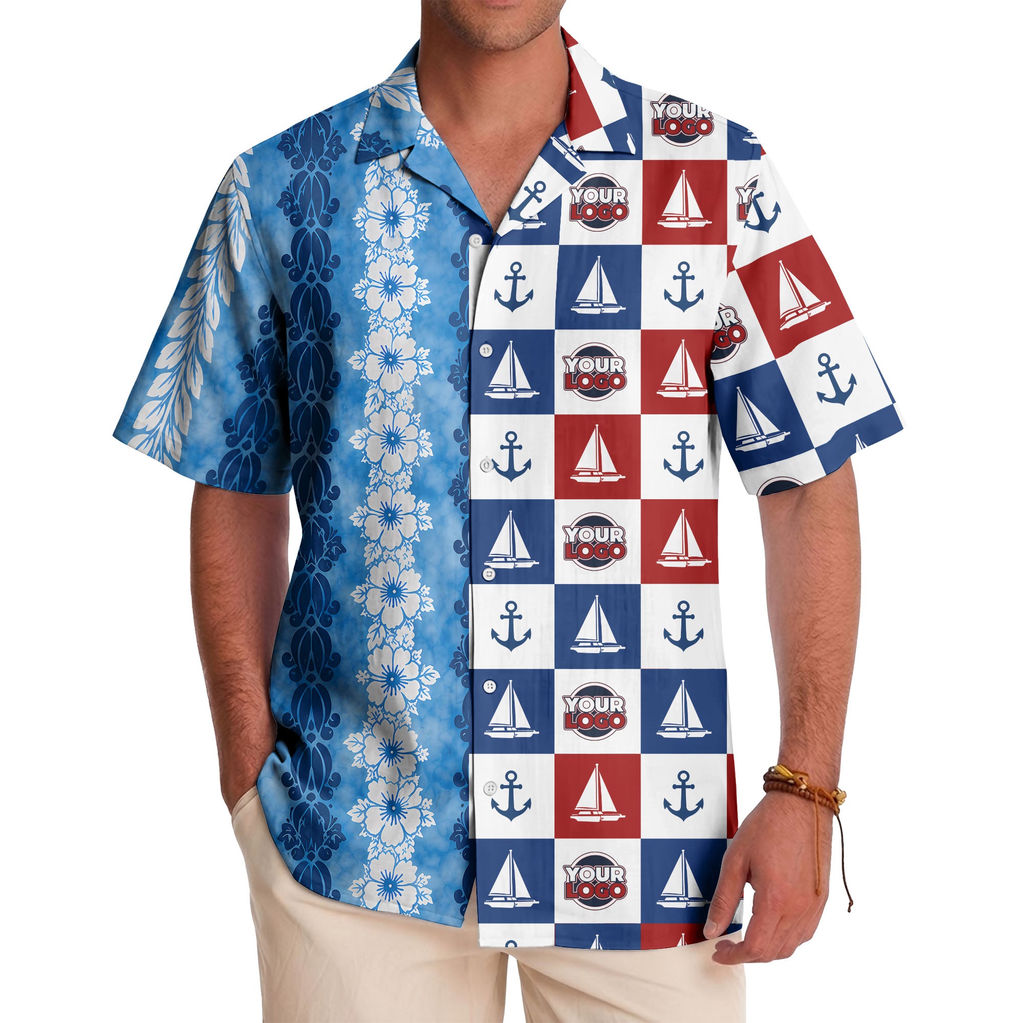 sailing boats & anchors checkered navy blue hawaiian shirt for men
