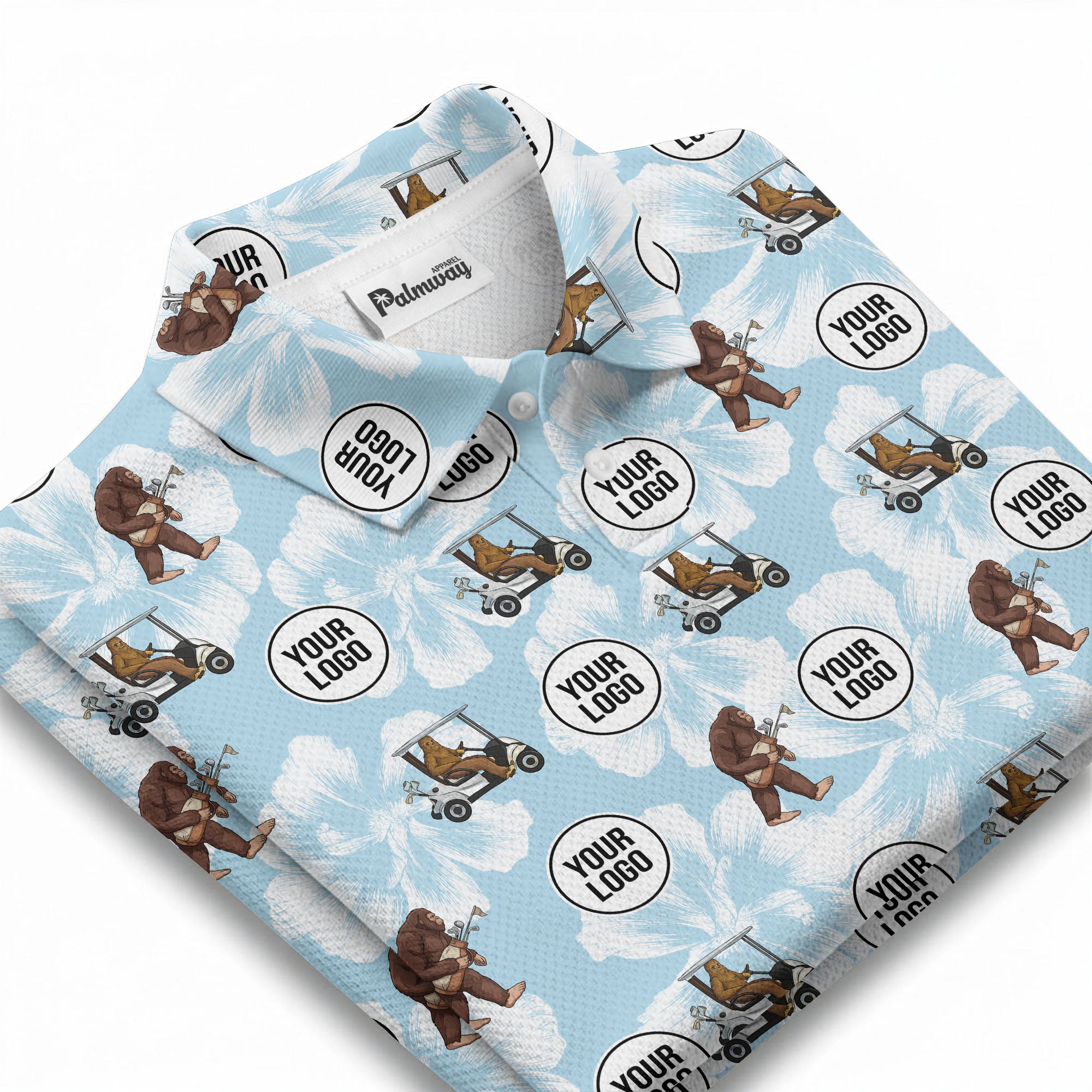 Sasquatch Banjo Golf Carts Tropical Repeating Illustrated Blue Polo Shirt