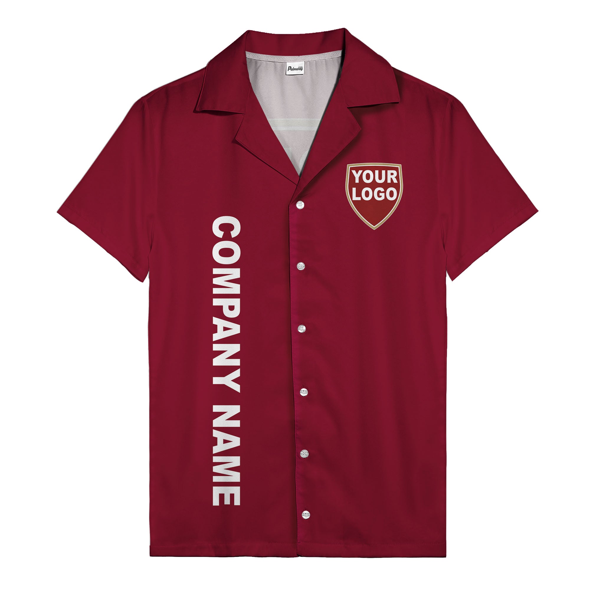 shield logo & vertical text customizable corporate hawaiian shirt