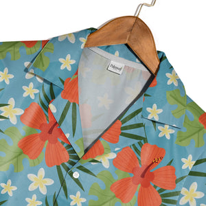 Sky Blue Coral Orange Hibiscus Hawaiian Shirt with Plumeria and Monstera