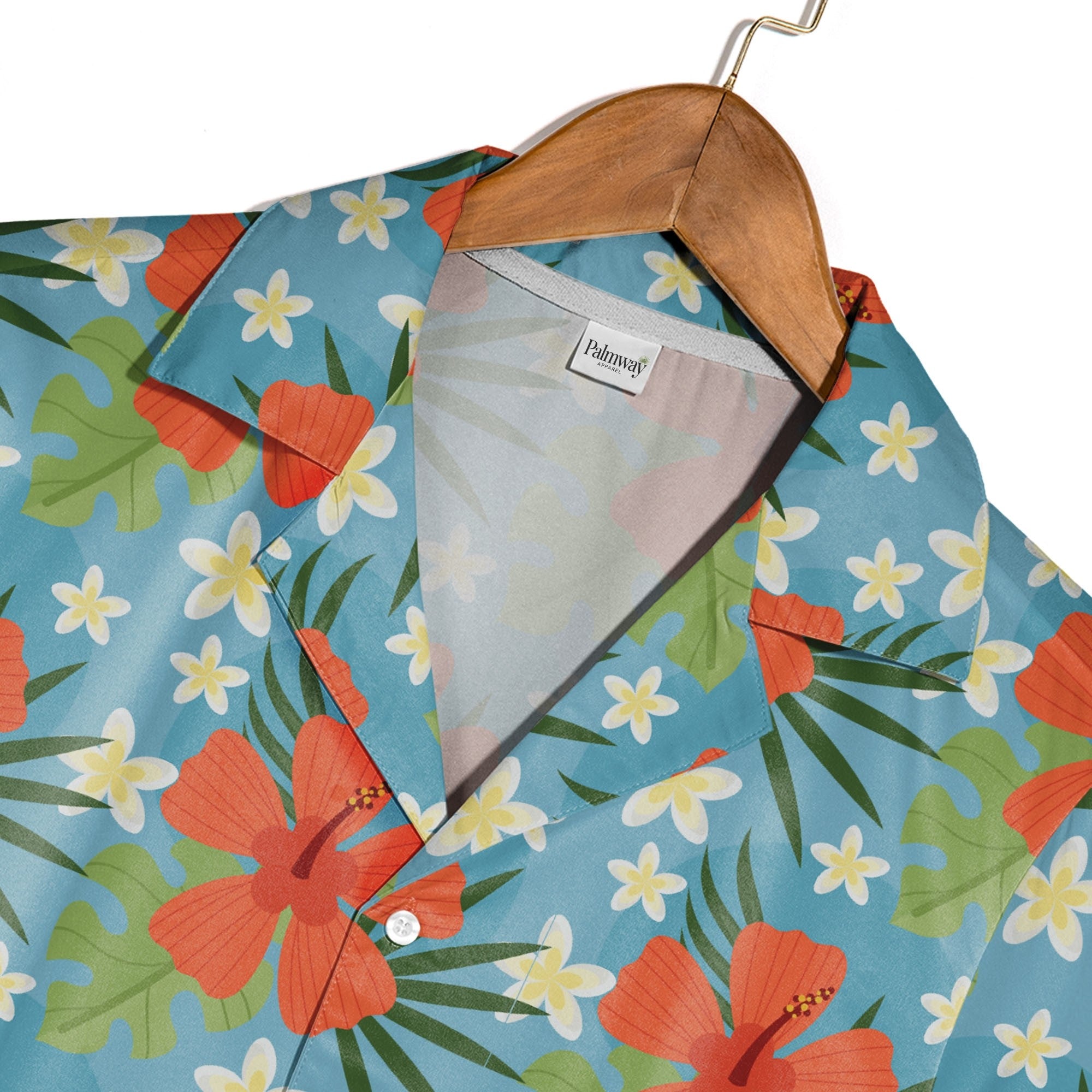 Sky Blue Curved Shape Hibiscus Hawaiian Shirt with Plumeria and Palm Fronds