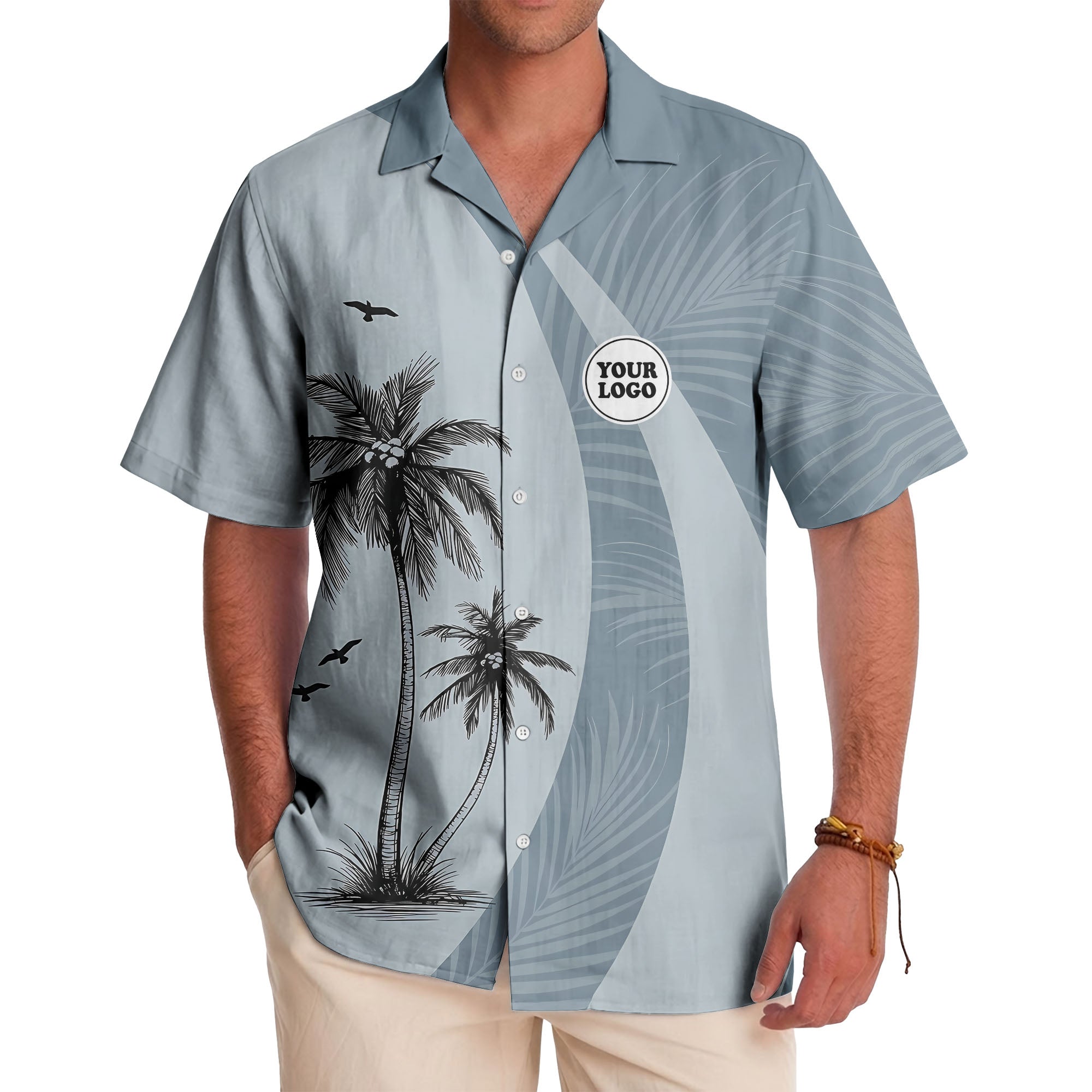 slate blue palm silhouettes with flying birds tropical hawaiian shirt