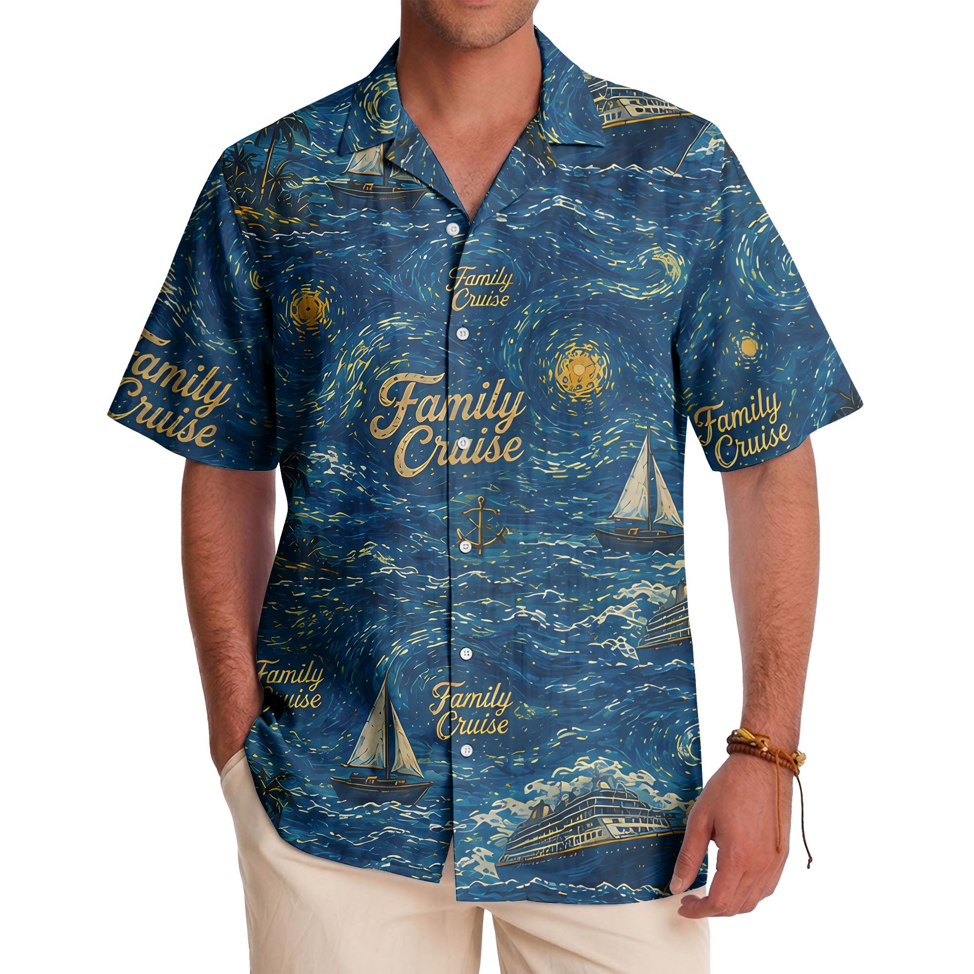 starry night sailboats & cruise ships palm tree hawaiian shirt