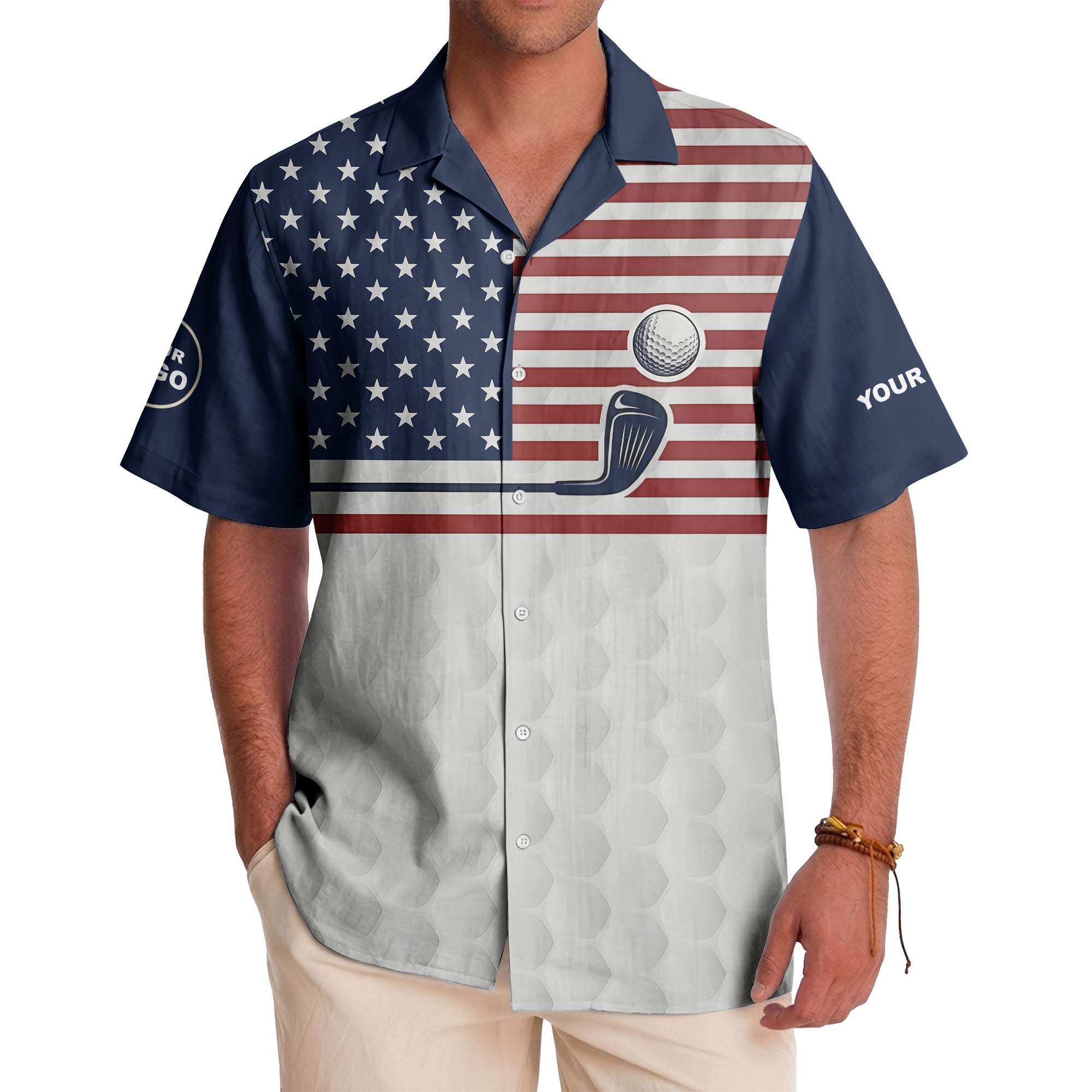 stars stripes golf clubs patriotic red white blue hawaiian shirt for men