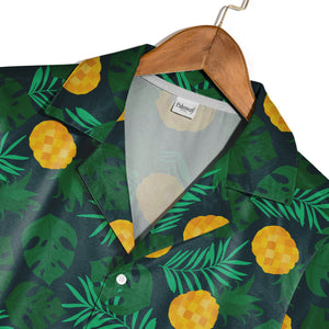 Stylized Pineapple Hawaiian Shirt with Monstera on Dark Teal