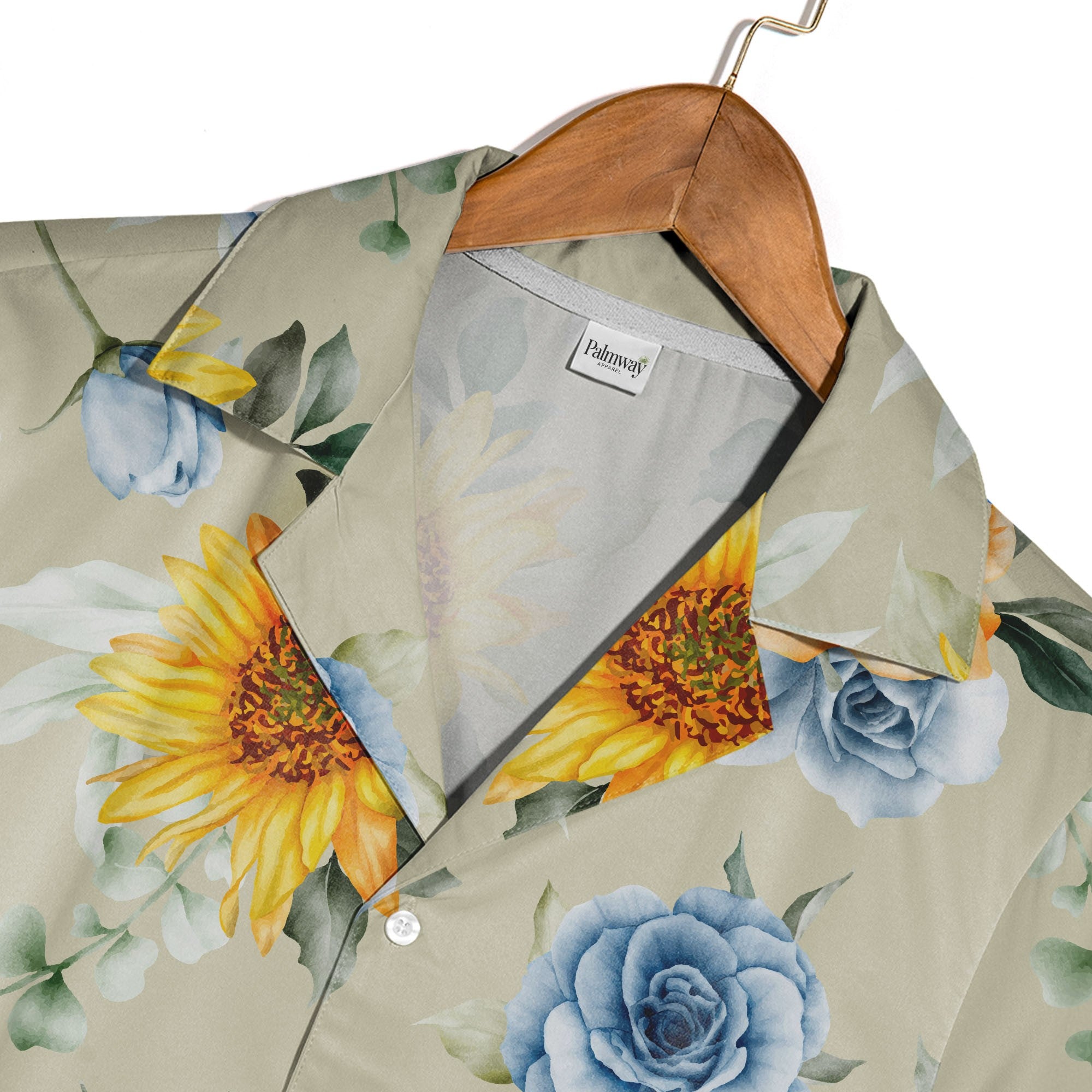 Sunflower and Blue Rose Hawaiian Shirt with Eucalyptus on Khaki Background