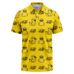 sunglasses rubber duck repeat pattern black yellow fun cartoon golf polo shirt