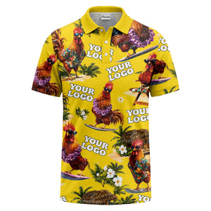 surfing roosters surfboards lei palm trees photorealistic polo shirt