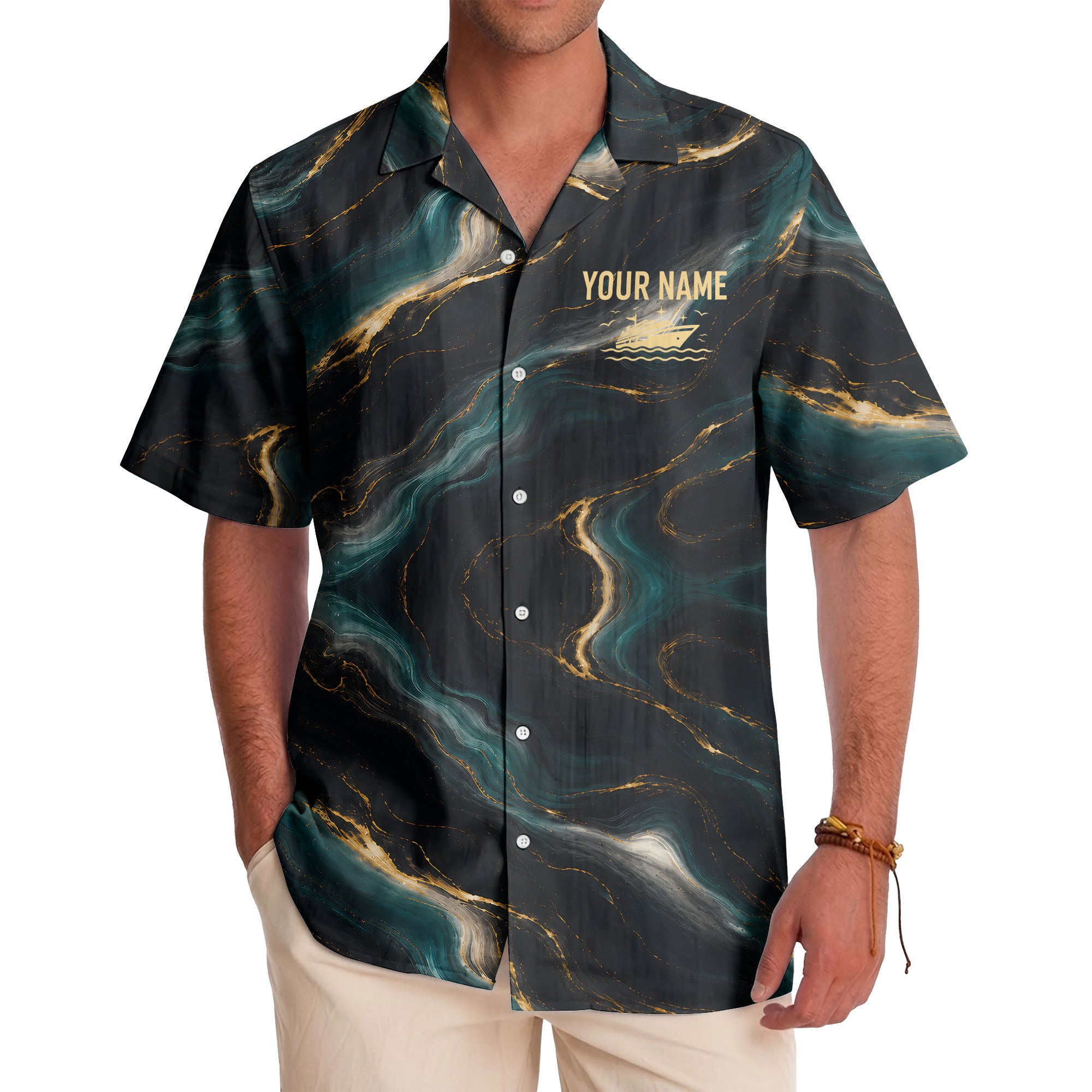 teal gold marble waves luxury yacht abstract hawaiian shirt