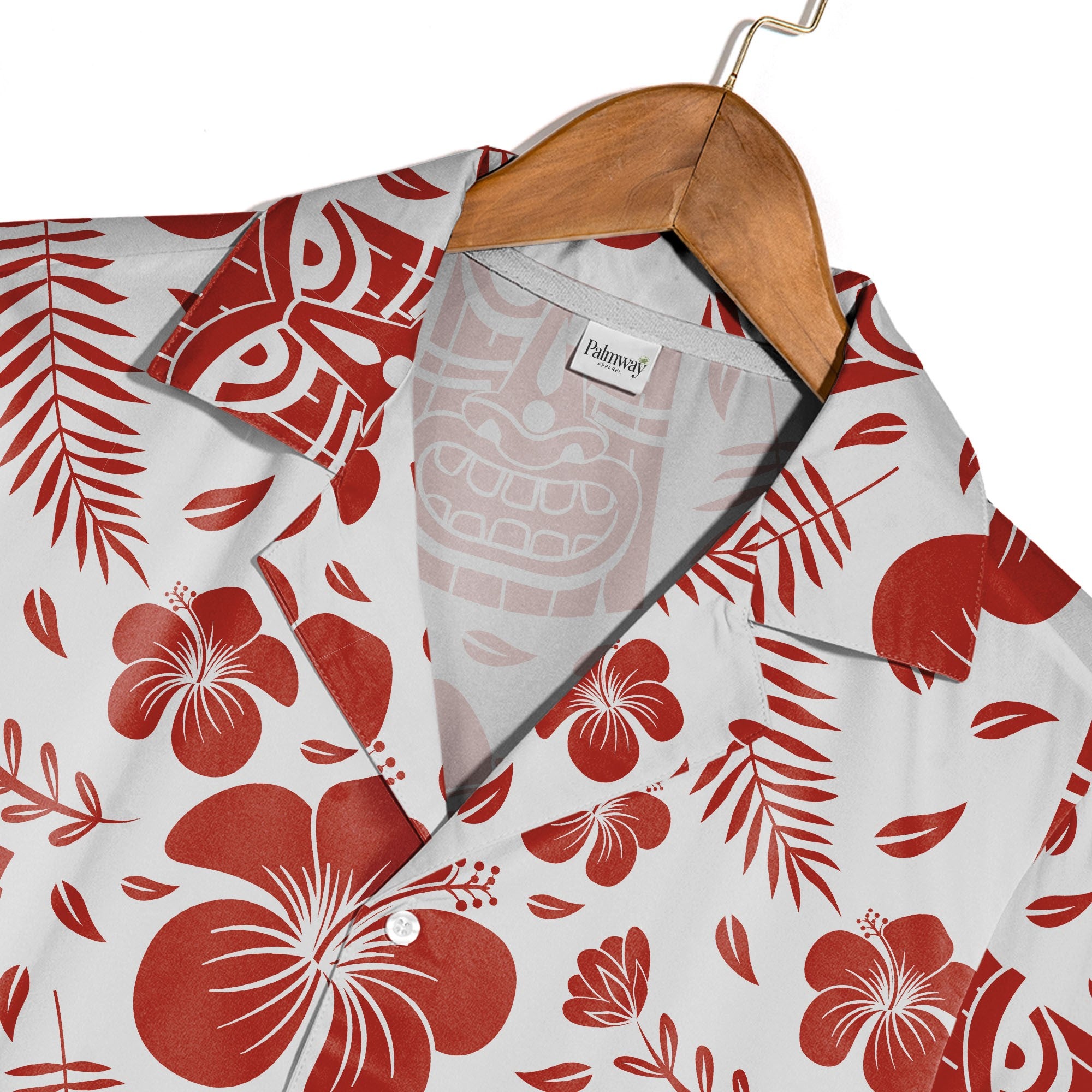 Terracotta Tiki Mask Hawaiian Shirt with Palm Fronds on White