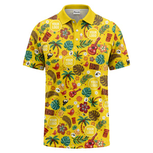 tiki masks palm trees ukuleles watercolor print polo shirt for men