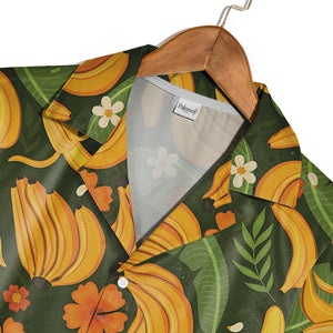 Tropical Banana Hawaiian Shirt with Plumeria on Forest Green