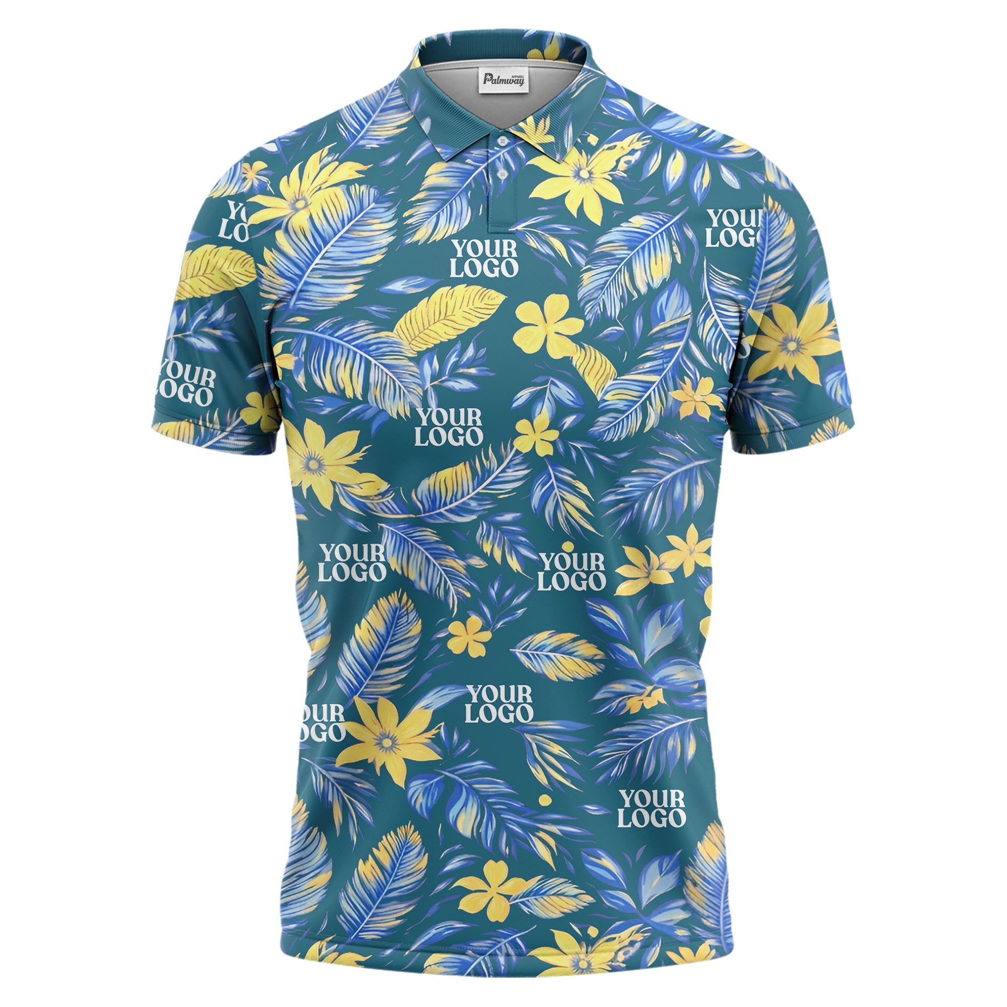 tropical floral hawaiian paradise flowers leaves plants black yellow blue green illustrated polo shi polo shirt