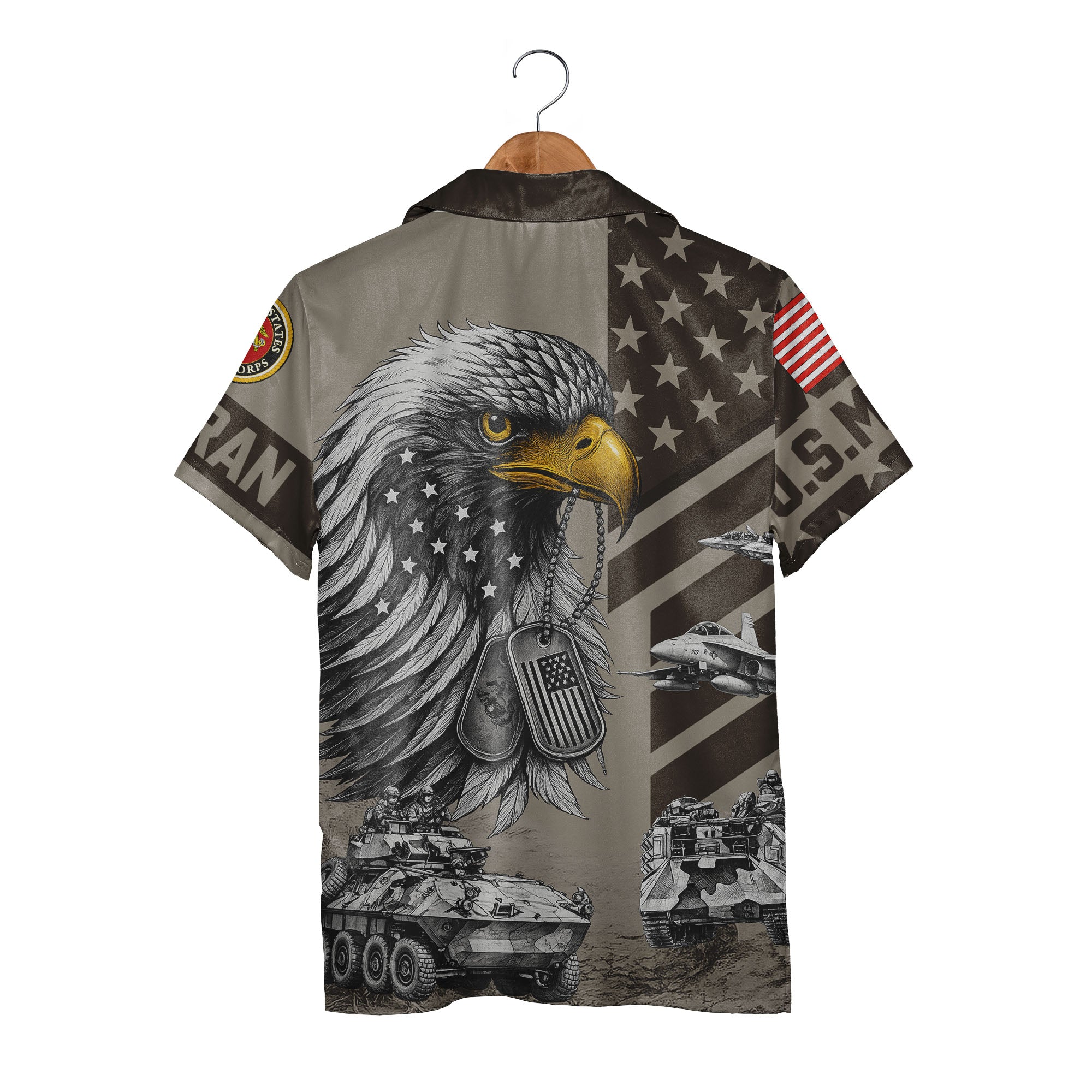 USMC Veteran Hawaiian Shirt - Eagle Dog Tags Fighter Jets Armored Vehicle Print