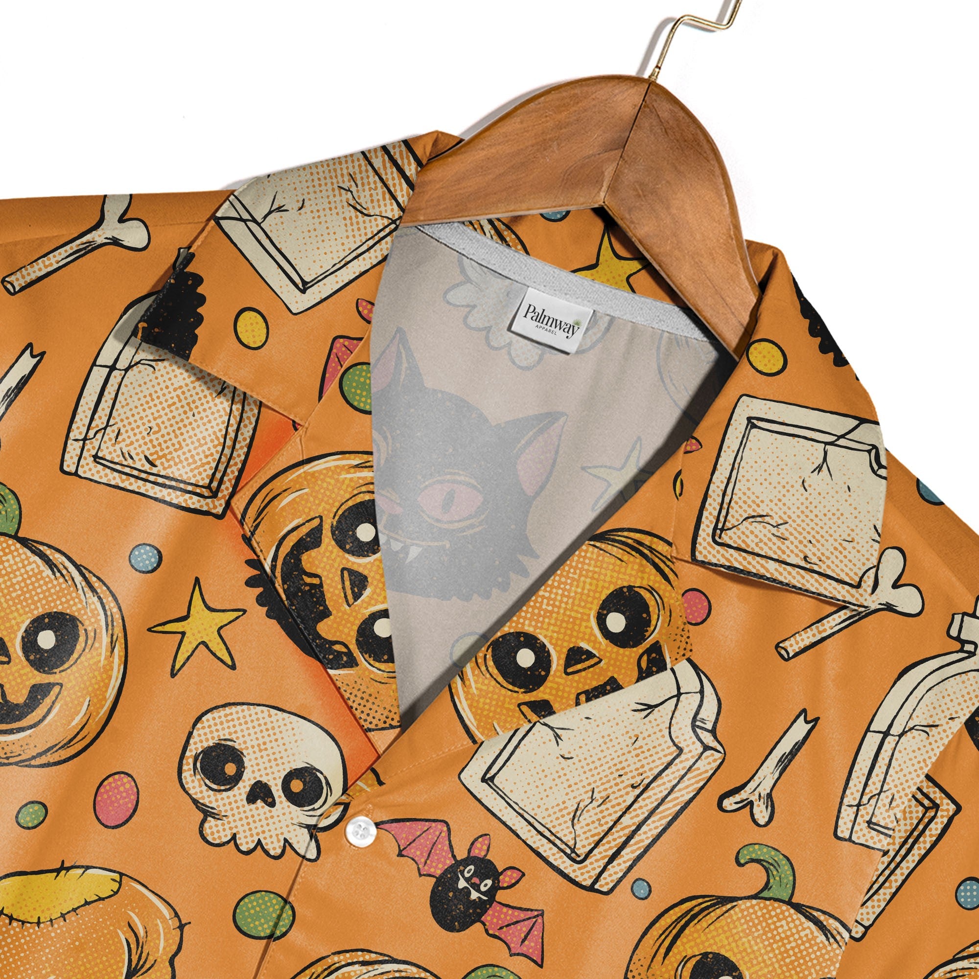 Vintage Comic Halloween Hawaiian Shirt with Skulls and Bats