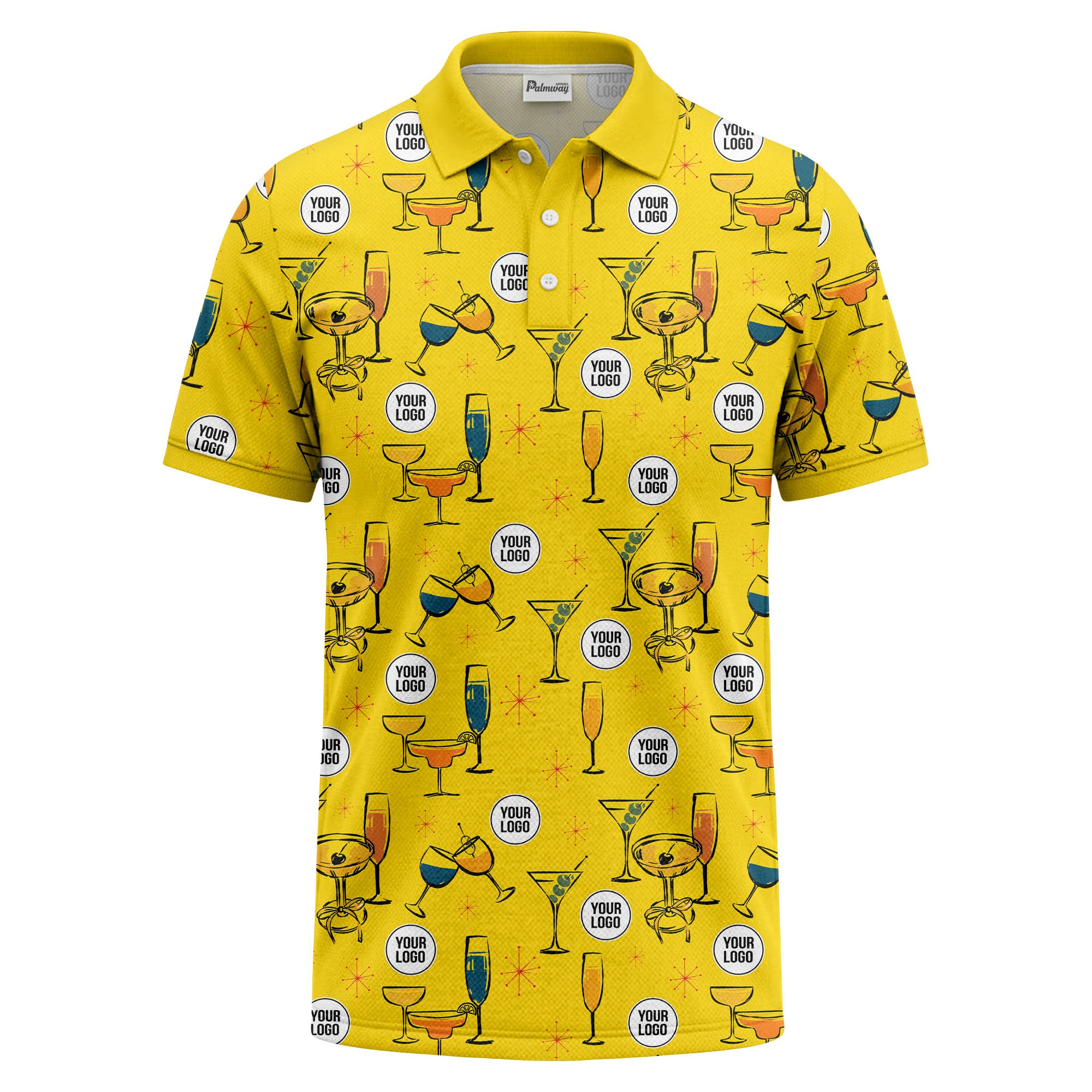 vintage illustrated martini & champagne glasses repeat polo shirt for men