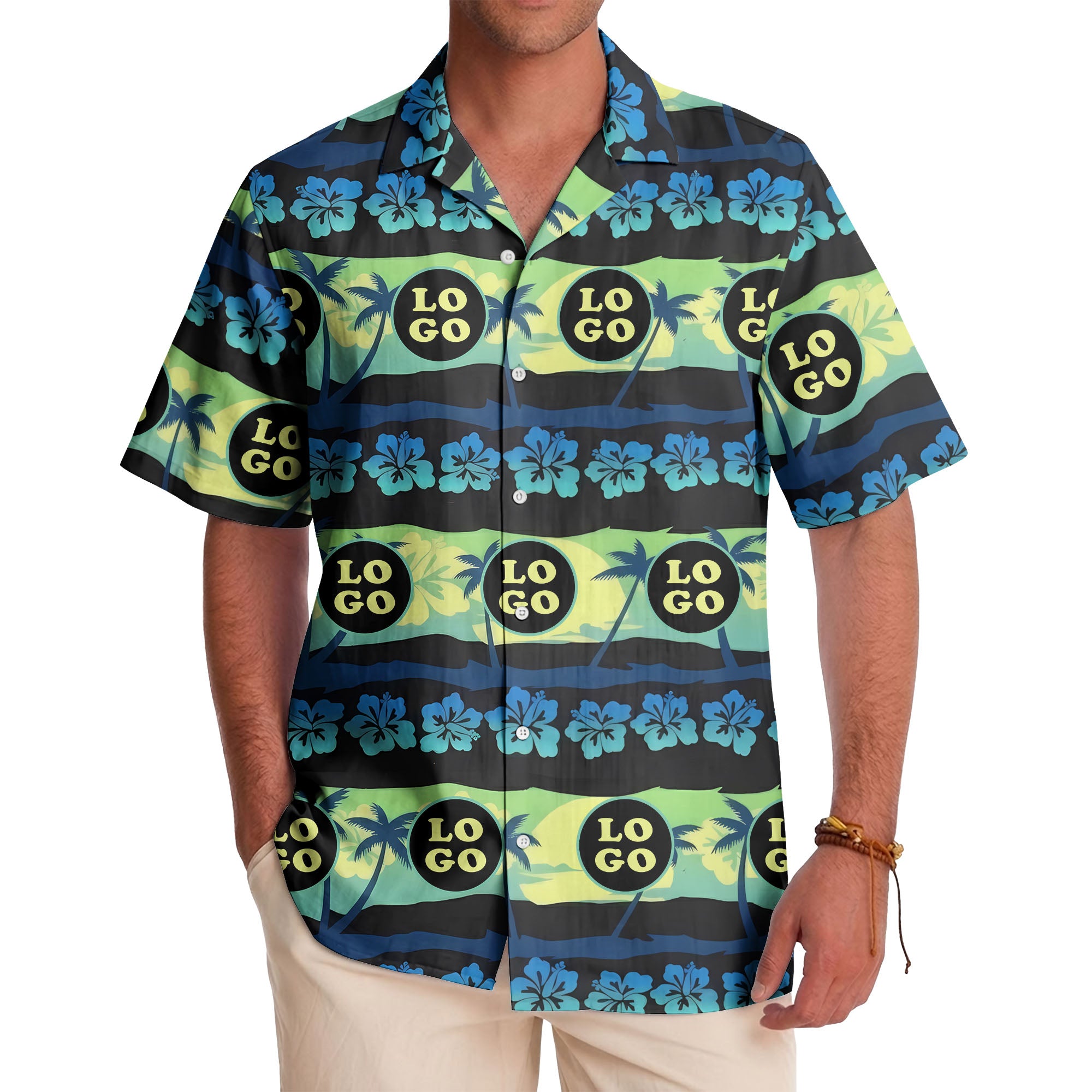 vintage palm trees hibiscus logo repeat navy blue hawaiian shirt
