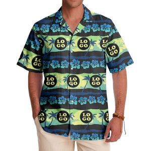vintage palm trees hibiscus logo repeat navy blue hawaiian shirt