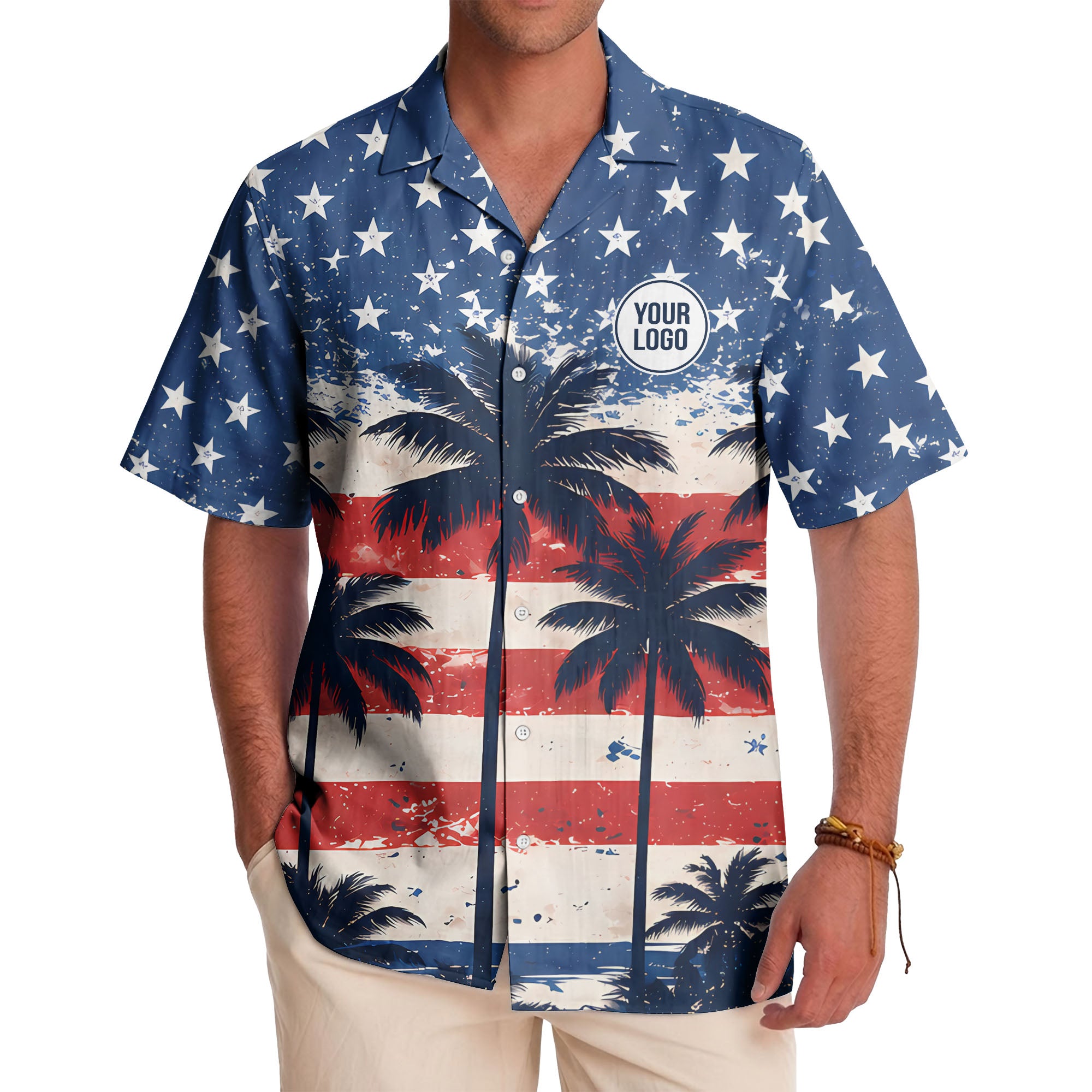 watercolor american flag & palm trees patriotic hawaiian shirt