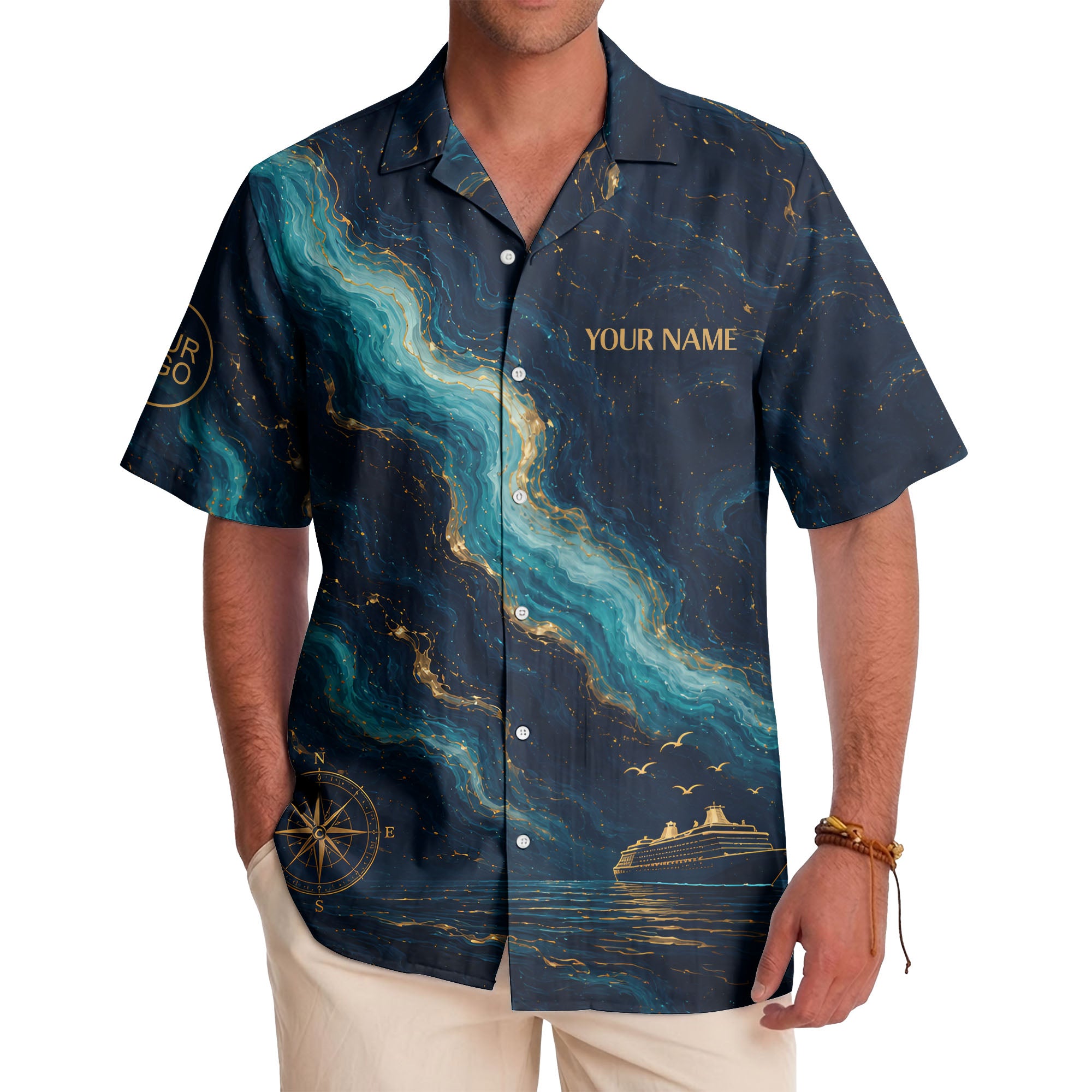 watercolor cruise ship & compass rose ocean waves nautical hawaiian shirt