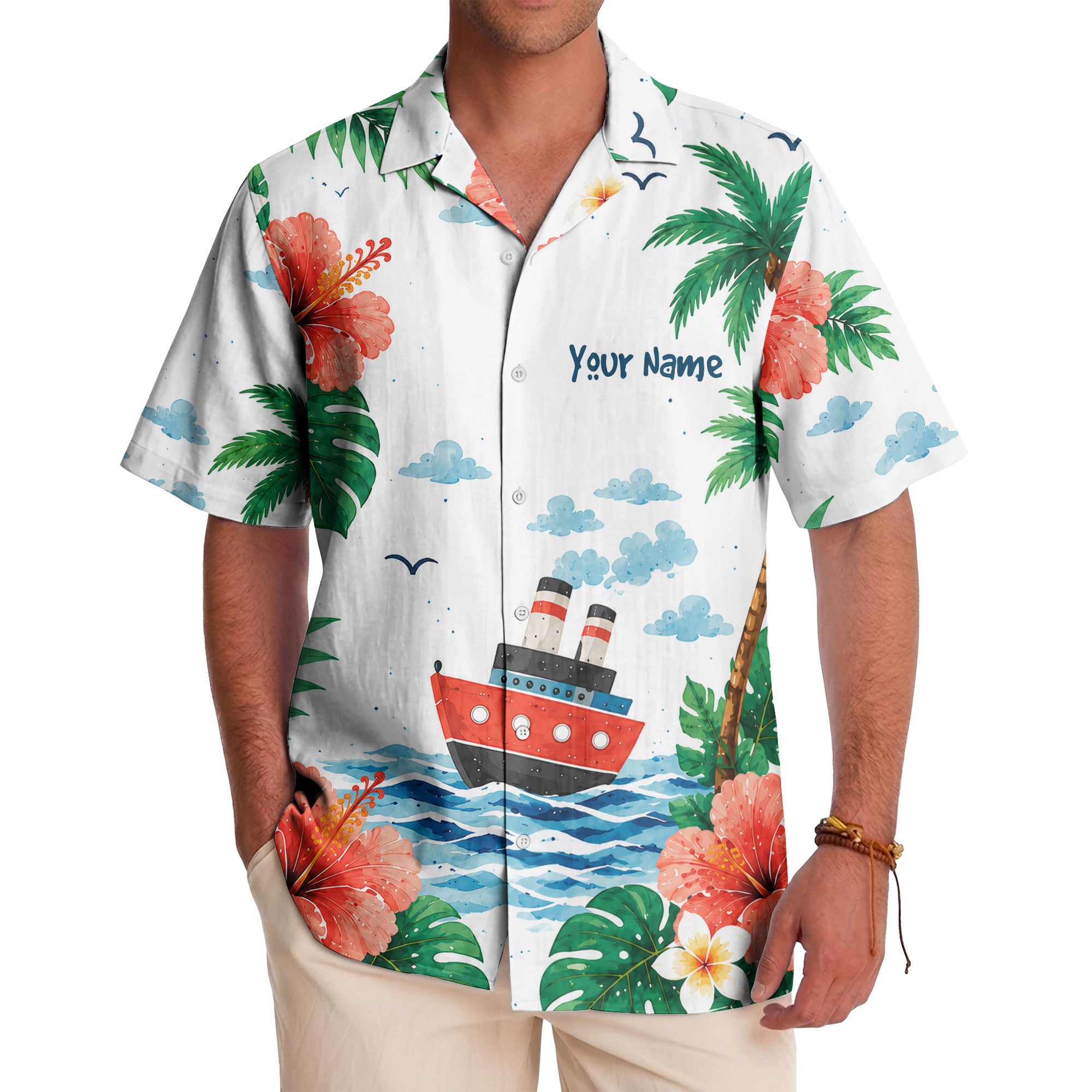 watercolor cruise ship hibiscus palm ocean wave hawaiian shirt