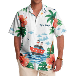watercolor cruise ship hibiscus palm ocean wave hawaiian shirt