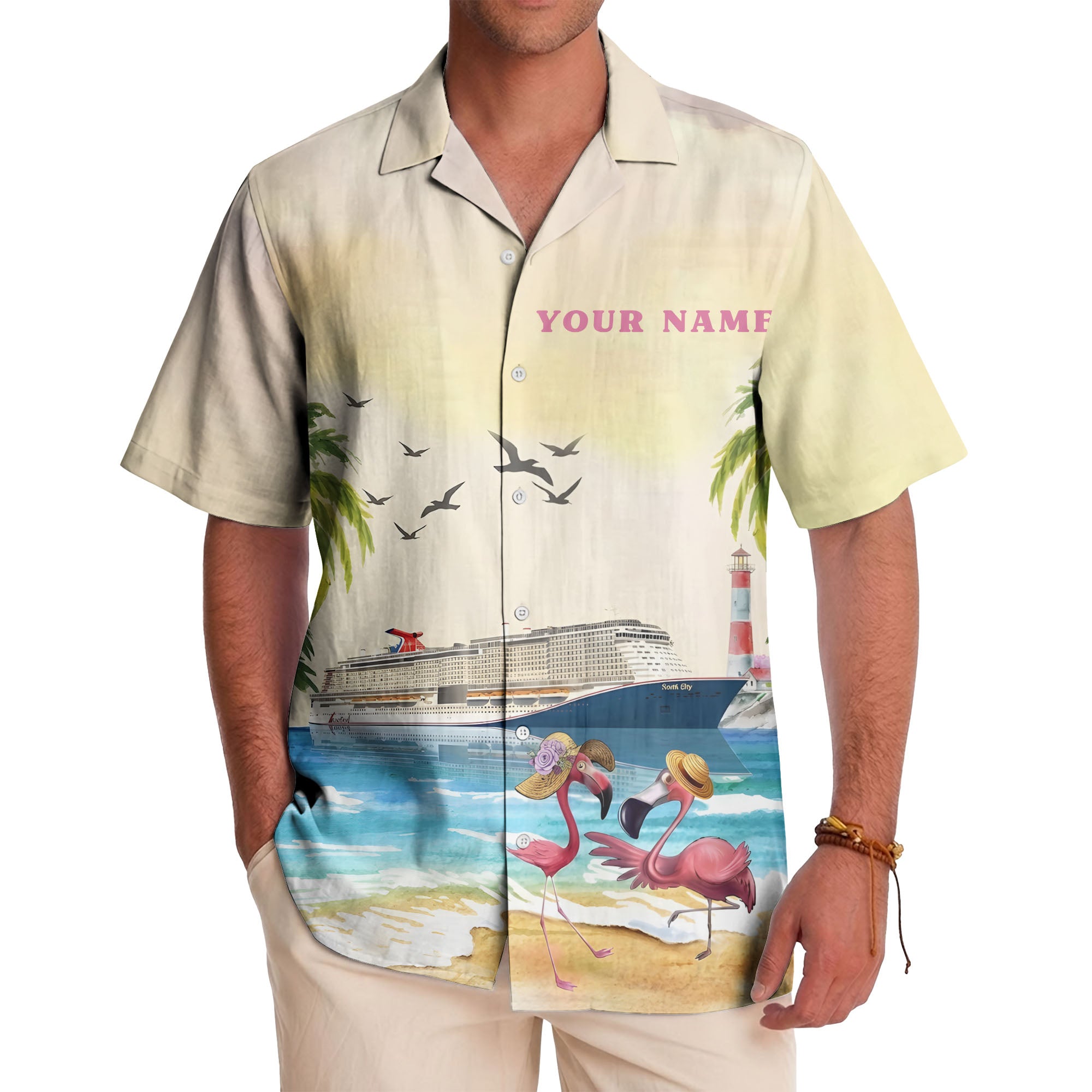 watercolor flamingo cruise ship lighthouse beach scene hawaiian shirt