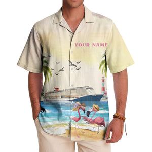 watercolor flamingo cruise ship lighthouse beach scene hawaiian shirt