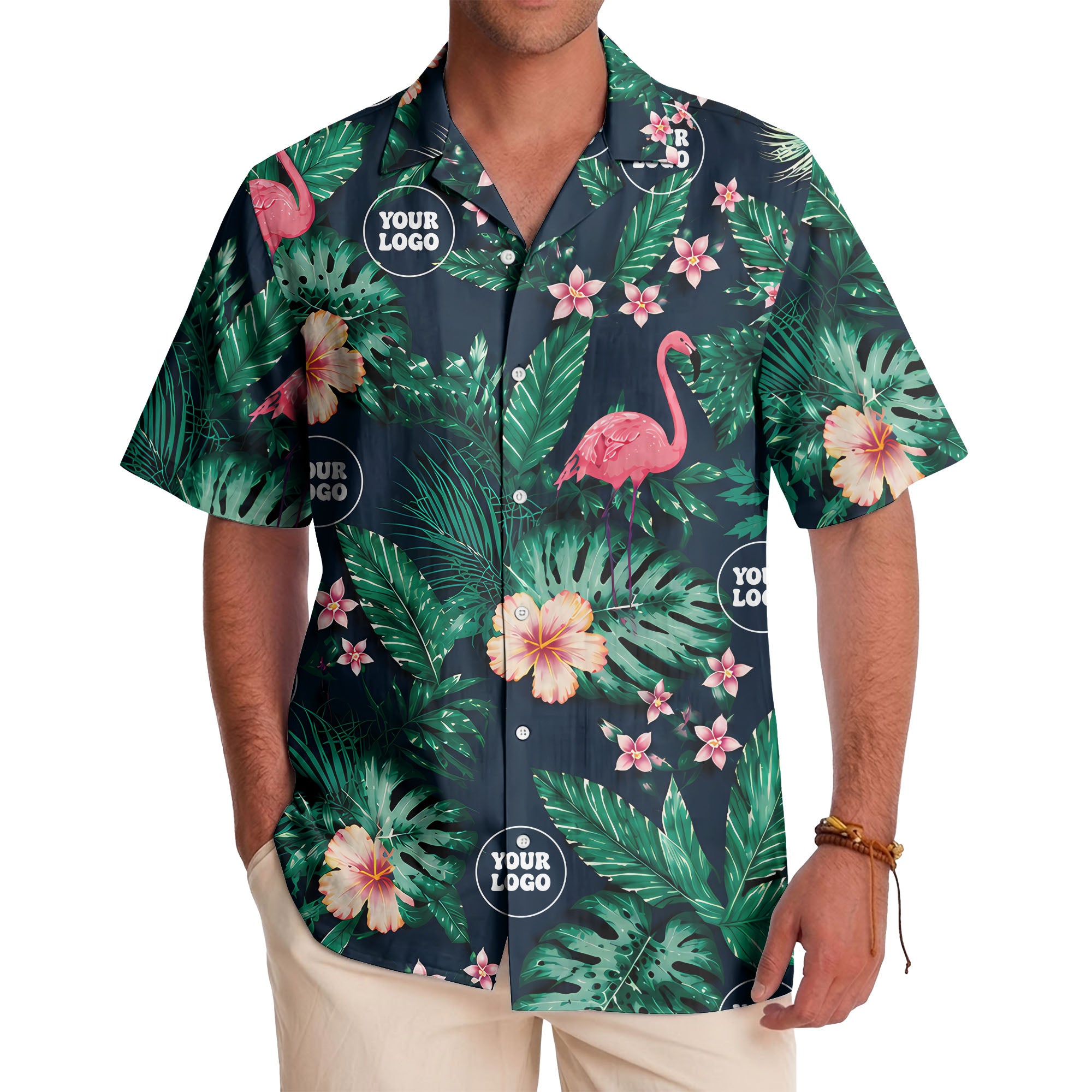 watercolor flamingos among palm leaves & hibiscus navy hawaiian shirt