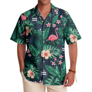 watercolor flamingos among palm leaves & hibiscus navy hawaiian shirt