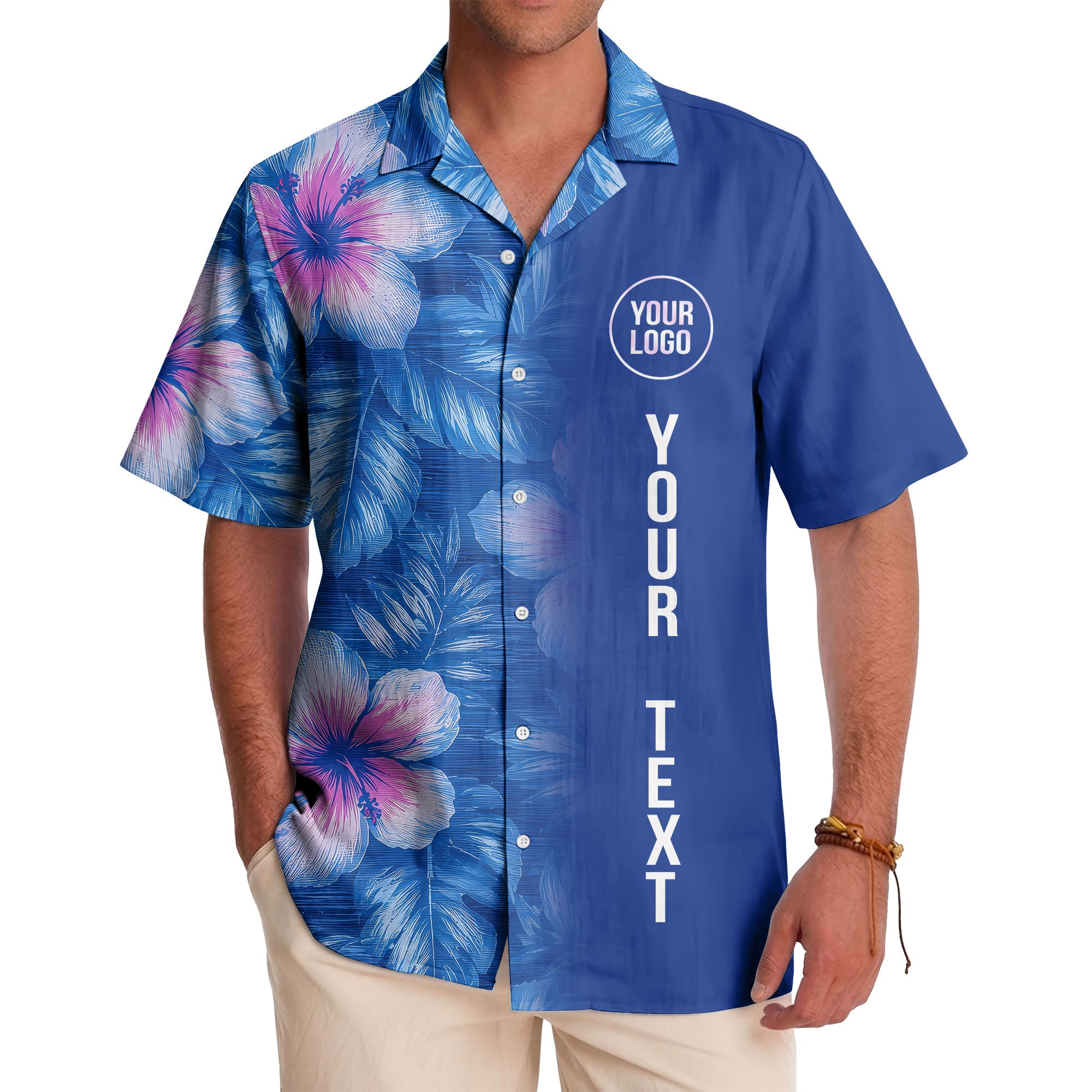 watercolor hibiscus monstera leaf royal blue hawaiian shirt