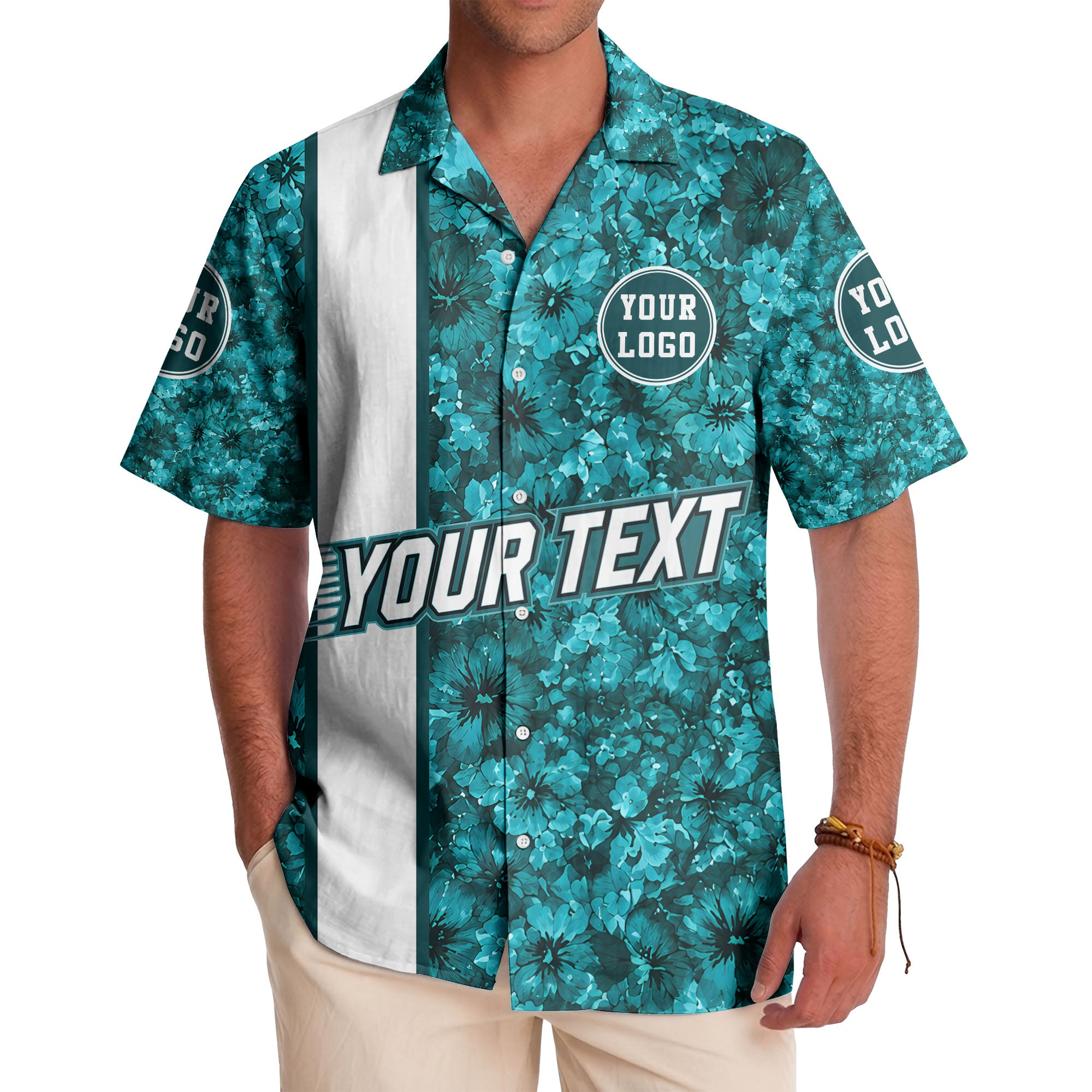 watercolor hibiscus stripes custom logo teal hawaiian shirt