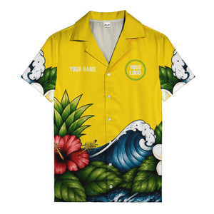 watercolor ocean waves hibiscus blooms palm leaf hawaiian shirt for men