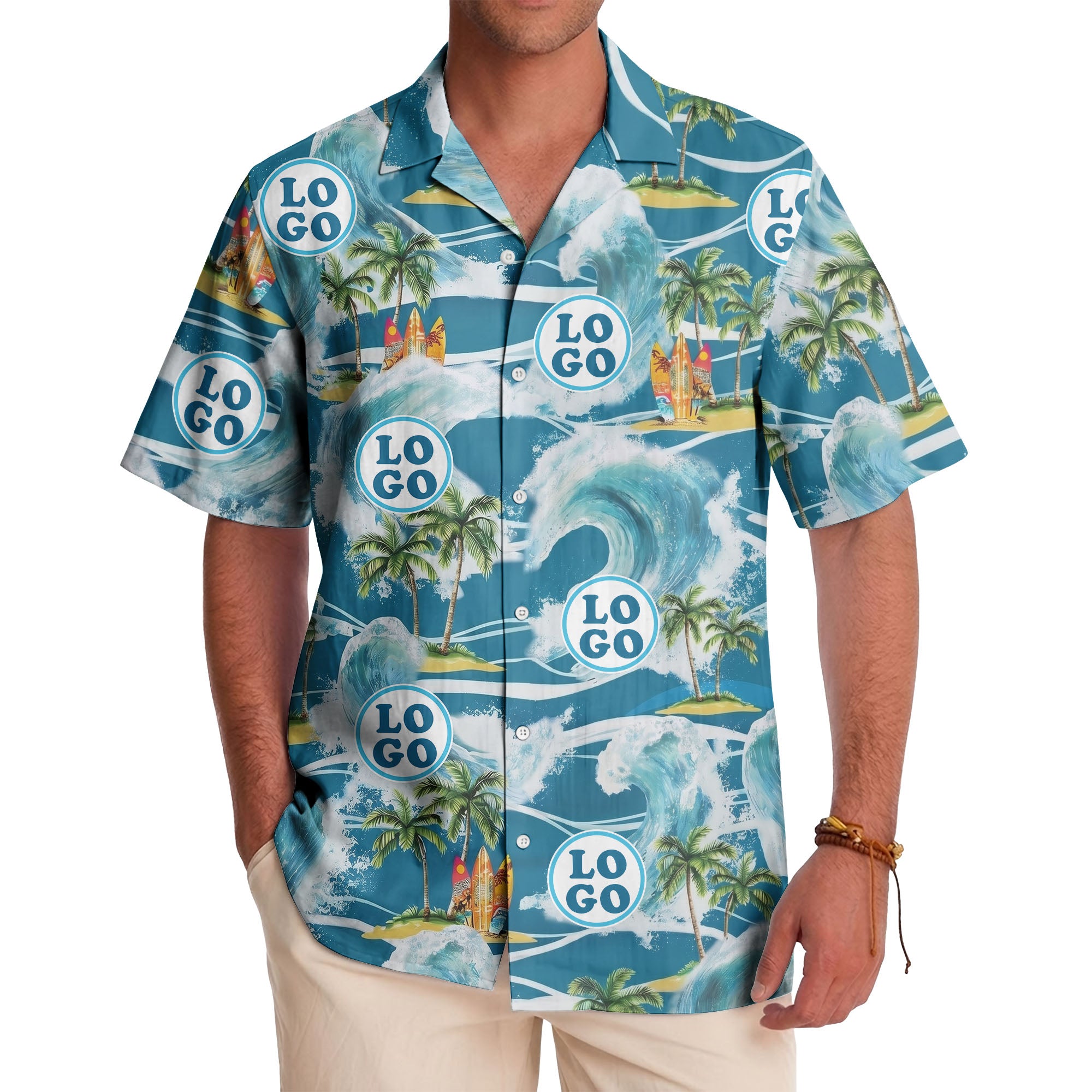 watercolor ocean waves palm trees surfboards hawaiian shirt for men