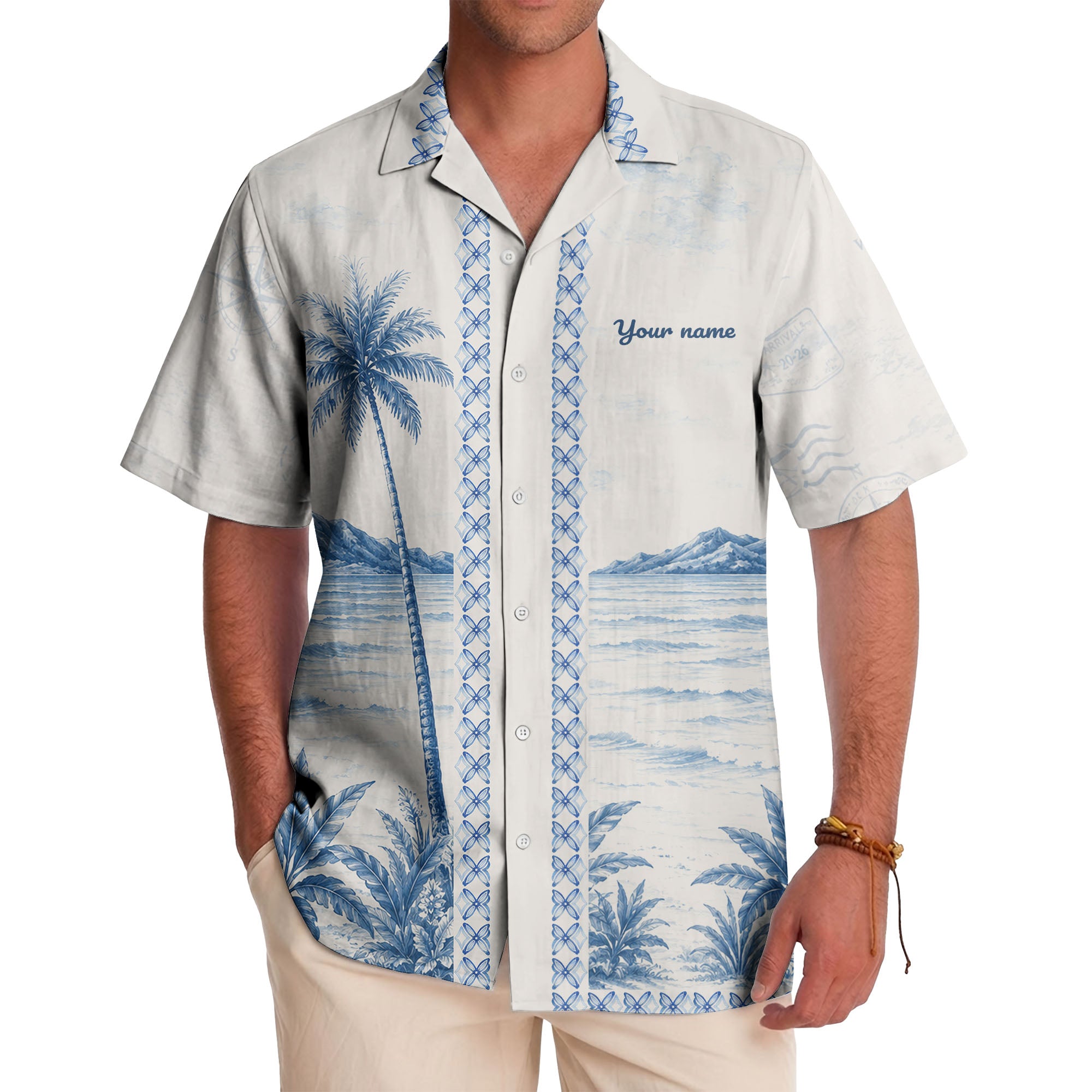 watercolor palm trees mountain waves navy blue hawaiian shirt