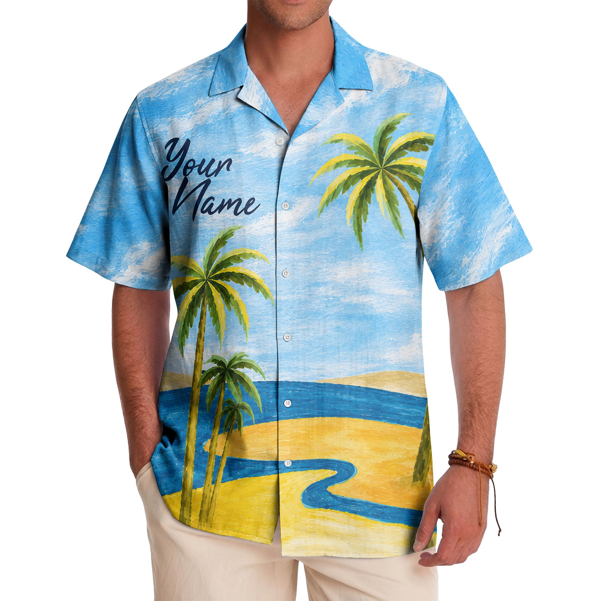 watercolor palm trees sandy beach ocean waves hawaiian shirt