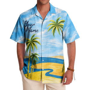 watercolor palm trees sandy beach ocean waves hawaiian shirt