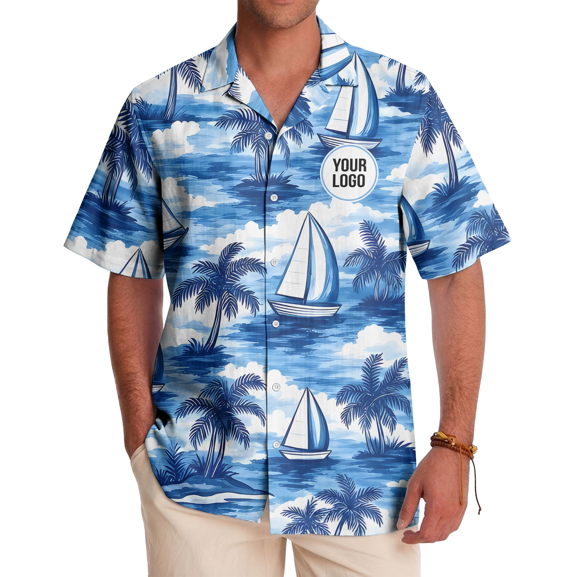 watercolor sailboats drifting through palm tree islands hawaiian shirt for men