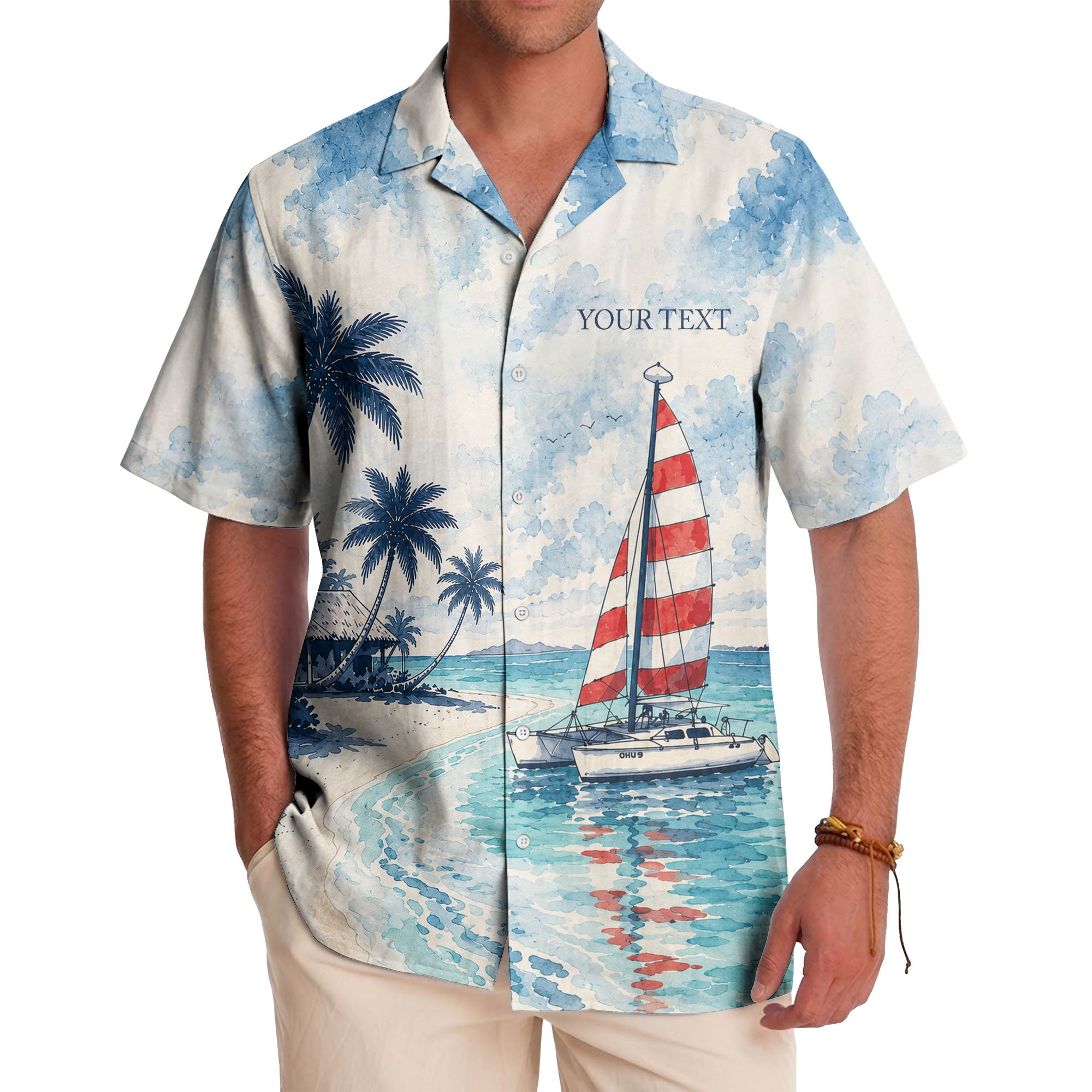 watercolor sailboats & palm trees beach scene navy hawaiian shirt for men