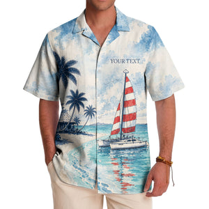watercolor sailboats & palm trees beach scene navy hawaiian shirt for men