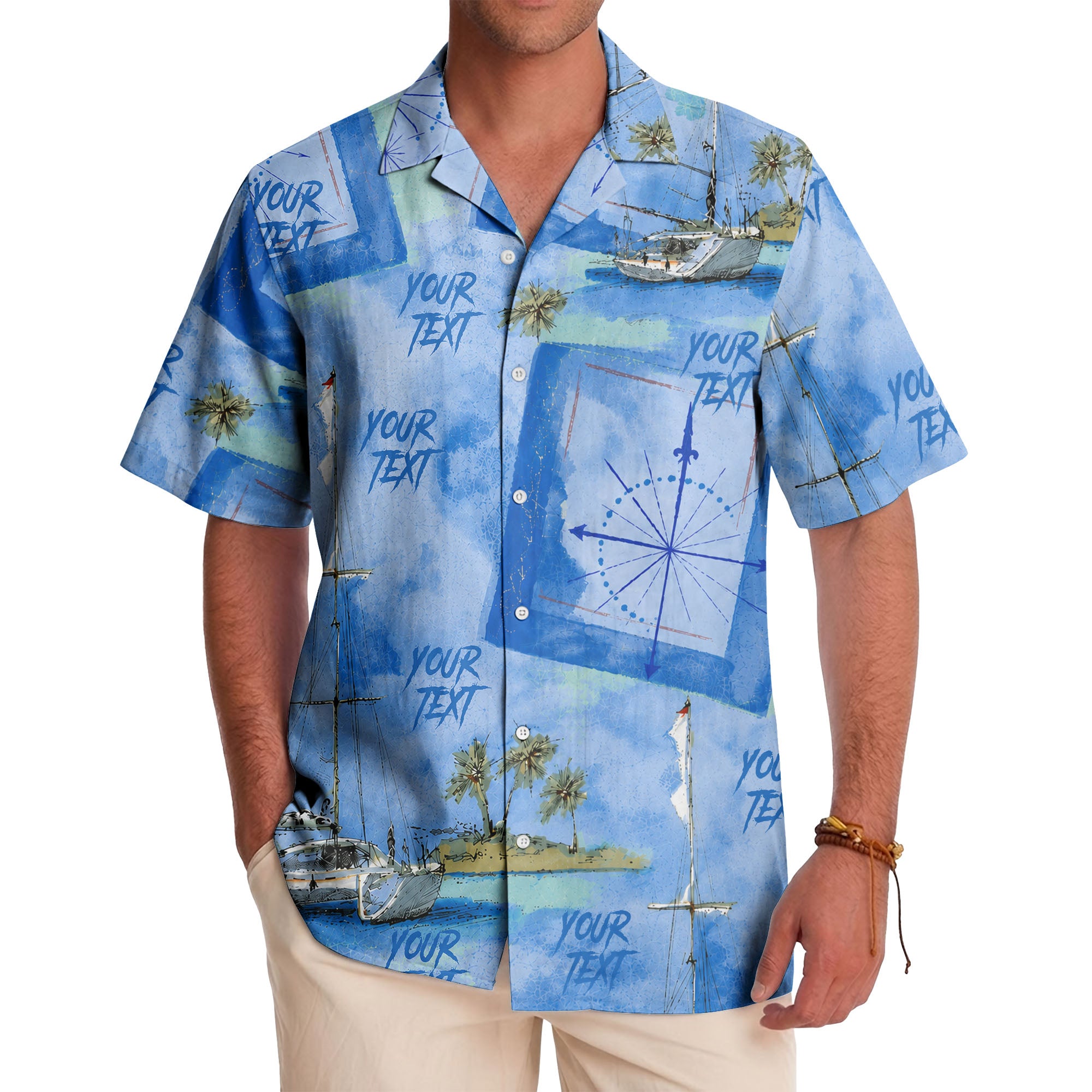 watercolor sailing ships & palm trees ocean hawaiian shirt