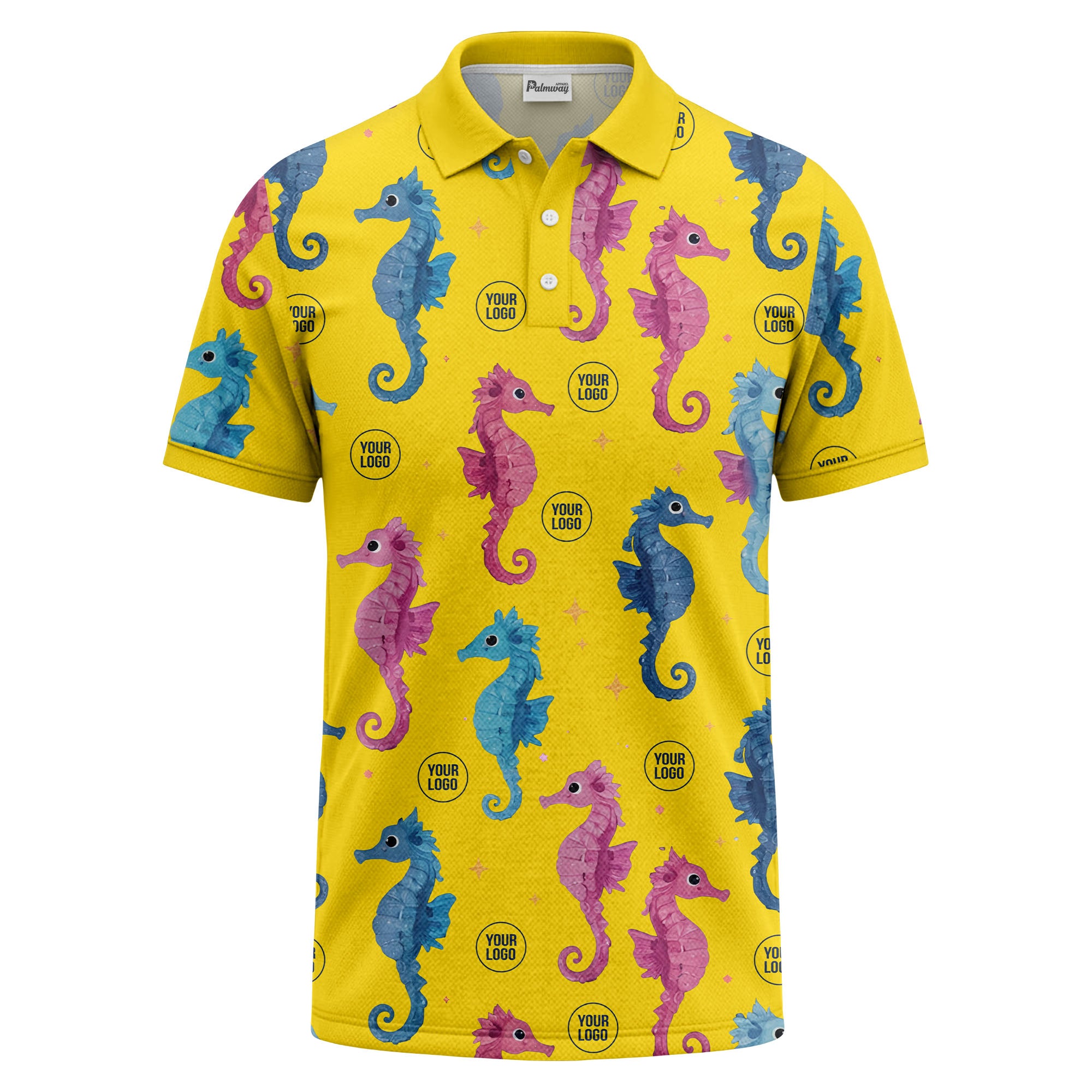 watercolor seahorse repeat marine life polo shirt in pink blue