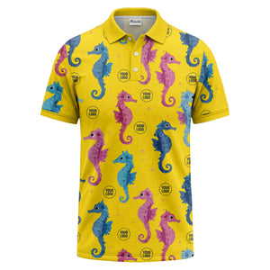 watercolor seahorse repeat marine life polo shirt in pink blue