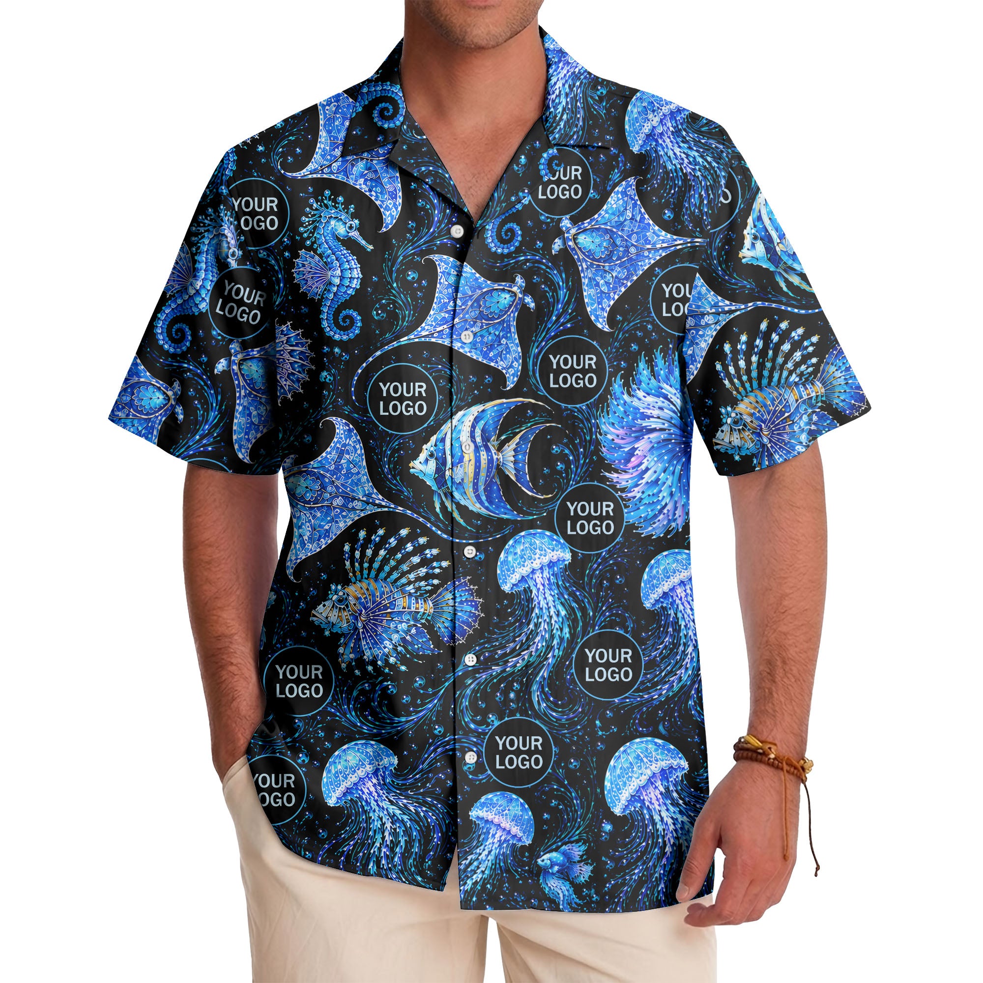 watercolor seahorses jellyfish navy blue hawaiian shirt