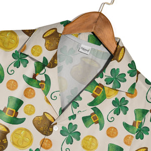 Watercolor St Patricks Hawaiian Shirt with Pots of Gold and Swirling Stems